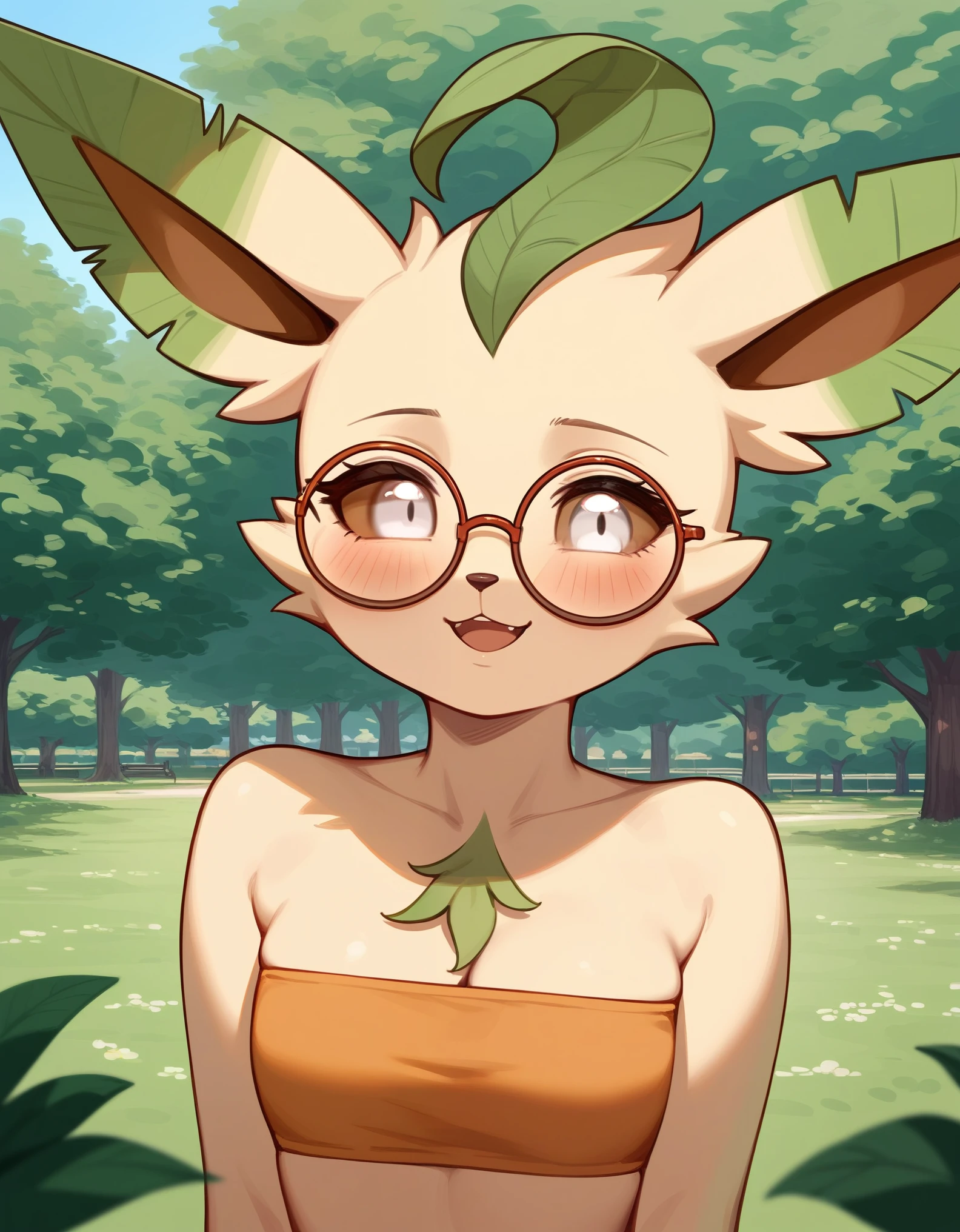 Solo, score_9,score_8_up,score_7_up, anthro furry female leafeon Pokemon, tall, bald, wearing hippie bandeau, big round glasses, brown sclera, white eyes, eyes half opened, bored eyes, smiling softly, mouth open, outdoors, at a park, blushing, portrait 