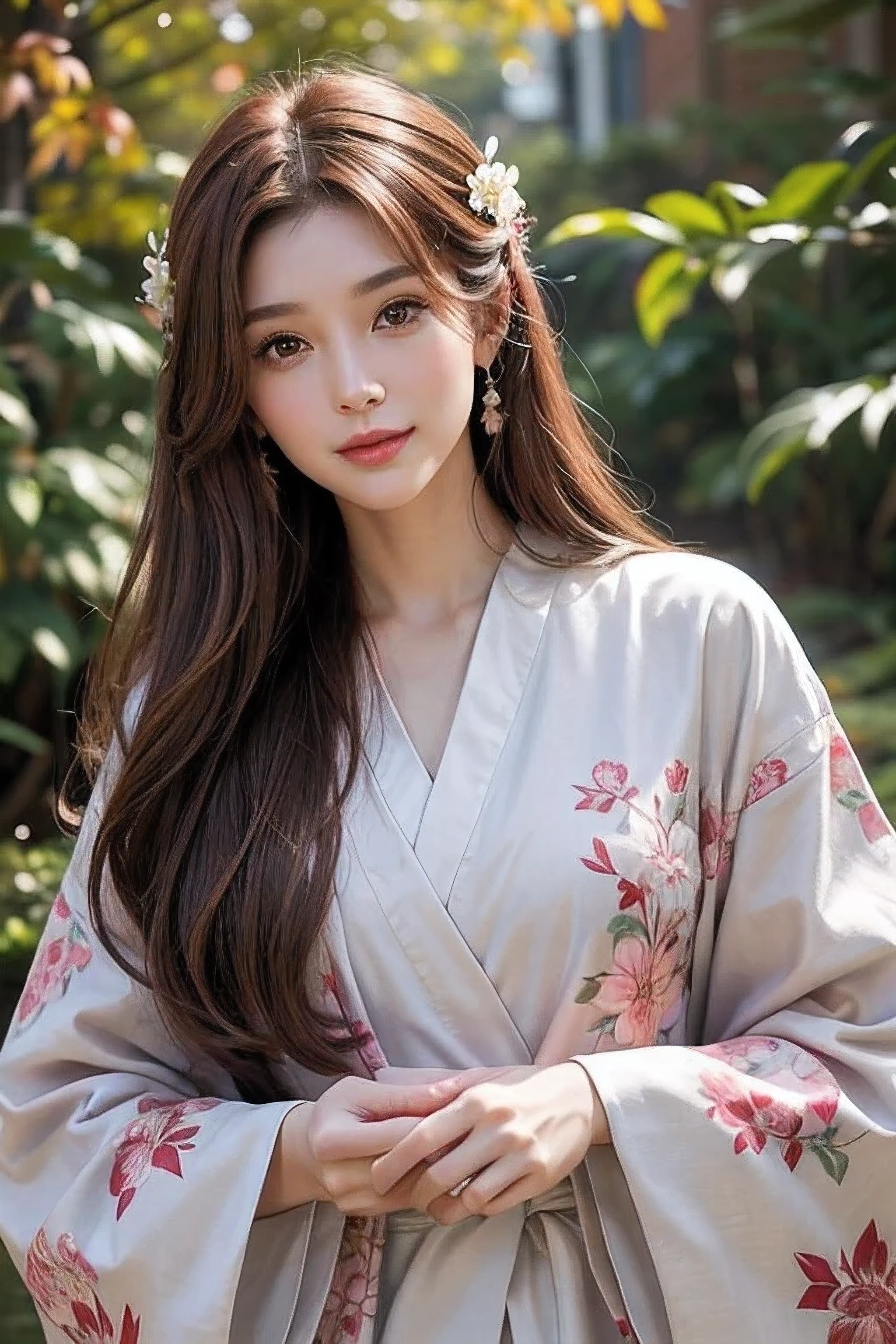 Reddish brown hair、Straight Hair、Beauty、Well-proportioned face、The nose is high、Thin lips、smile、Dilraba lookalike、Mature atmosphere、Tall models、Age is in the early 30s、Pink floral kimono、White flower hair ornament on the side、Background mainly featuring autumn leaves