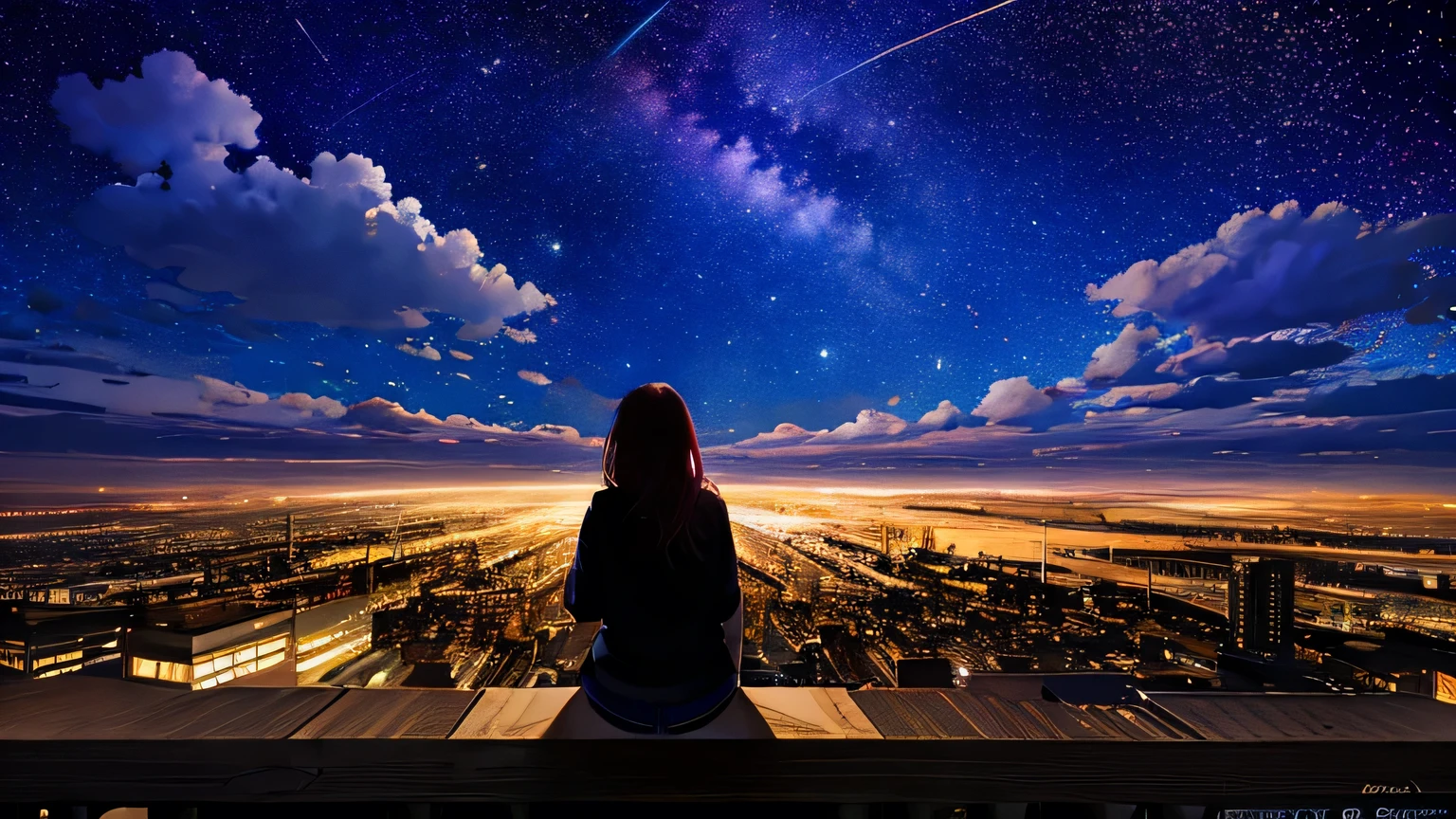 Back view、Beauty、alone, Outdoor, building, cloud, milky way, Sitting, wood, Long Hair, city, silhouette, cityscape