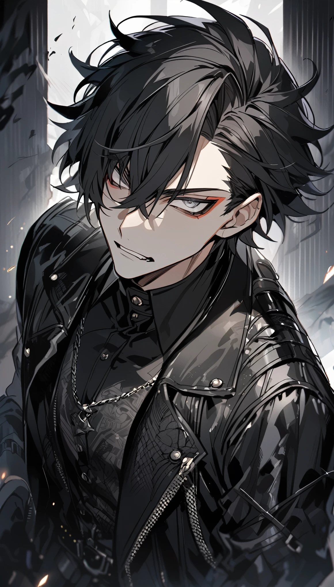 Handsome, male, solo, 1 male, medium black hair, wolf cut hair, with bangs, sharp eyes, gray eyes, black leather clothes, black jacket, black gloves