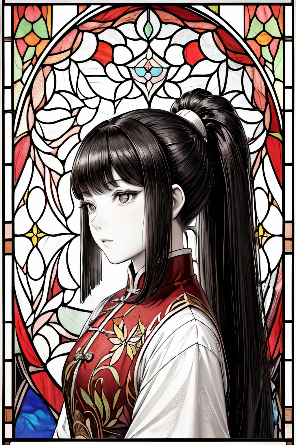 (Cloisonnism:1.2), White background, (post renaissance stained glass aesthetic:1.3), 1 Long haired Chinese girl ponytail head, black hair, Ancient Manchu Dynasty elements and aesthetics, reasonable design, Clear lines, (lineart, monochrome)