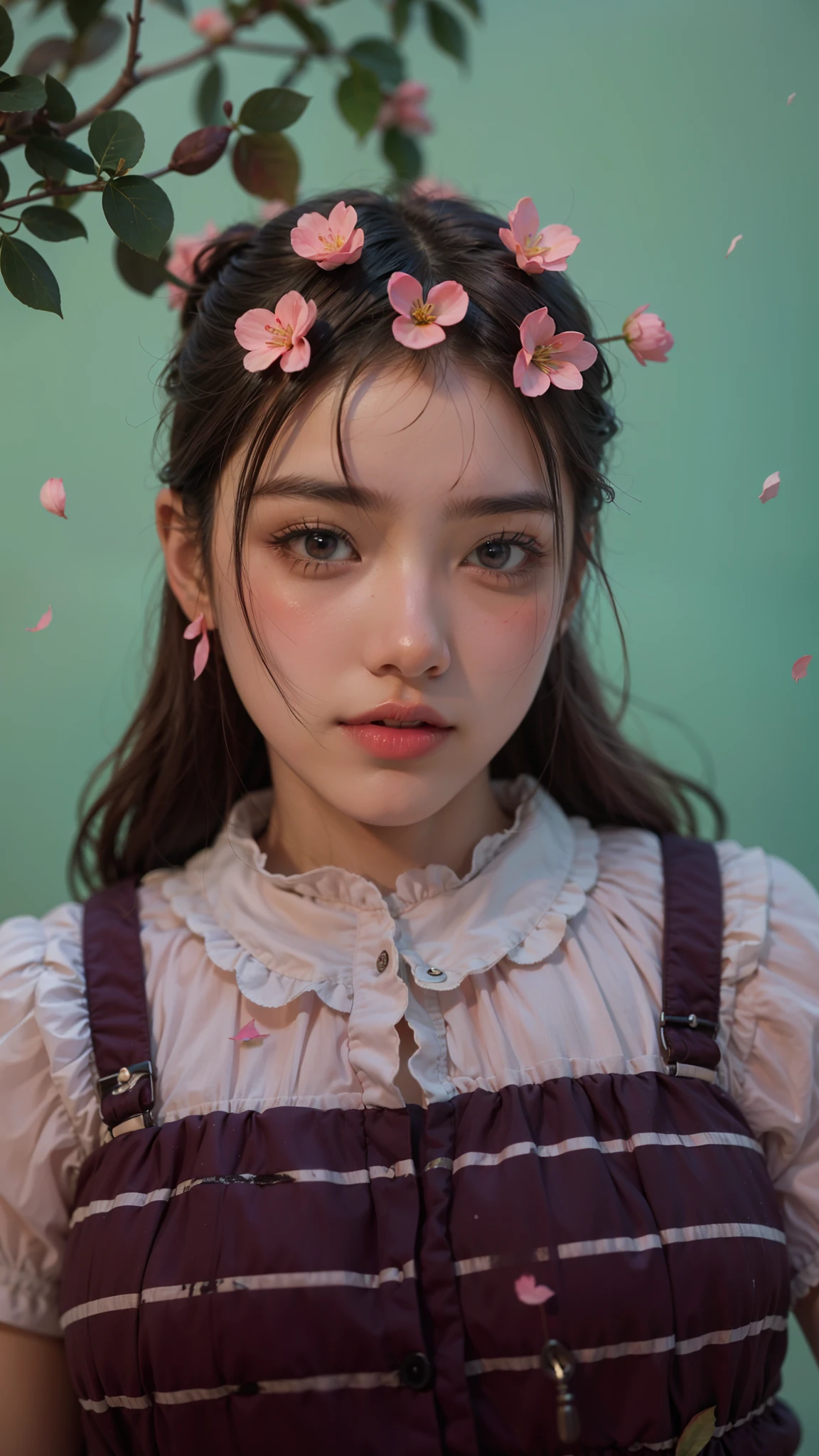Light pink hair, pink eyes, pink and white, sakura leafs, vivid colors, white dress, paint splash, simple background, ray tracing, wavy hair