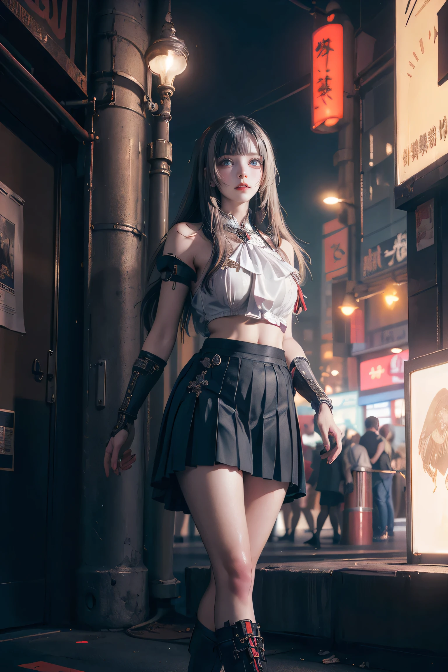 high resolution, best quality, masterpiece, Very high image quality, Extremely detailed, Surrealism, 3D, Japanese cartoons, illustration, fantasy, Hard Rock Girl, very beautiful and cute, Pink wavy hair, Side braids, mini skirt, Knee socks, Engineering boots, Background cyberpunk city galaxy