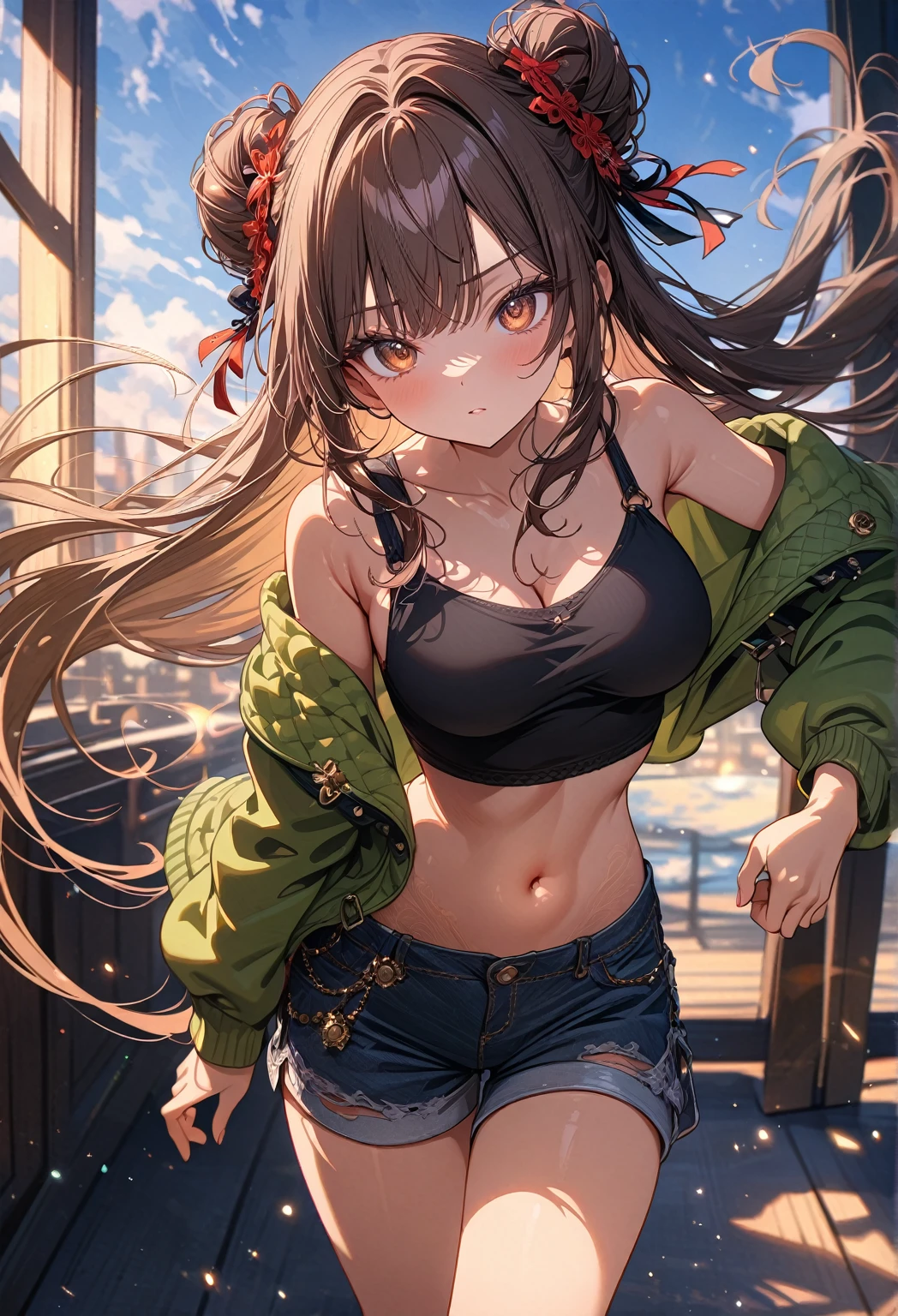 (masterpiece, best quality, very aesthetic, newest, absurdres, detailed, high quality), close portrait, cute pose, highest quality, highres, ultra fine painting, digital art, official art, cinematic, 4k, 8k resolution, 8K CG wallpaper, CG, (top quality, details:1.37), detailed background, High Dynamic Range, blurry background, golden hour, blue hour, Starburst effects, crepuscular rays, good ISO, high resolution, wide shot, from far away, epic lighting, RAW photo, POV, sharp focus, lens flare, light reflection, reflections, light source, intricate details, hard light, particle noise, professional photography, bokeh, depth of field, good lighting, hard colors, looking away, detailed lights and shadows, stylish, ultra-detailed, Pixiv, trending art, niji style, modern-days, master crafted, pose, solo, 1girl, a girl, correct fingers, detailed eyes, (medium big breasts:1.2), big thighs, short torso, flushtered, casual, (cute, slim), childish face, nice hips, nice body, brown hair, (long flowing hair:1.2), twin buns hairstyle, long bangs, long hair, middle hair bangs, brown eyes, dynamic pose, full body, ((black string tanktop:1.2, tummy skin:1.1), off shoulder open green hoodie, shorts, outfit ornaments)