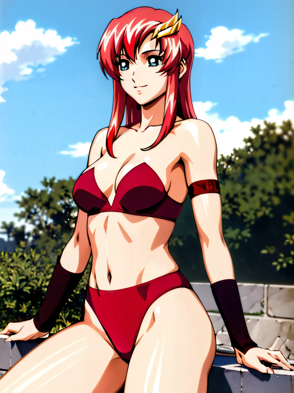 lacus4, (red bikini, running, string thong, thin girl, masterpiece, cowboy shot, very slim shoulders, 4K, Best Quality, Anime style: 1.9, happy, Adult Woman, (ultra detailed head), (Crowd, cloud background), Drawing lines, high resolution, lacus4), 1girl, Solo, curvy figure, clavicle, scapular, (Detailed wide hair bangs, Hair Ornament, Detailed reddish-pink hair, shiny streaks, slim arms, detailed golden crest), cleavage, large hands, (hair cover shoulders). (Big blue eyes, shiny eyes), ((female wrestler, (slim body), slim arms, SITTING on wall , thighs)), ((perfect proportions, medium-small breasts, medium thighs, long belly)), ((totally strapless red bra, strapless, red arm band, red arm band)), smile with a wink, (standing, hot colors), detailed fingers, (bare shoulders)
