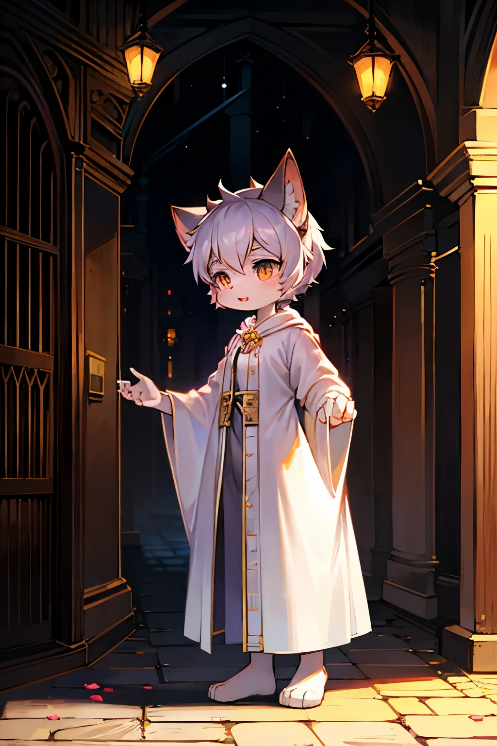 Siamese cat girl，Cat ear，Furry women，Characteristics of three-year-old girls，Short stature，Bright Eyes，Magician，White robe，Standing，