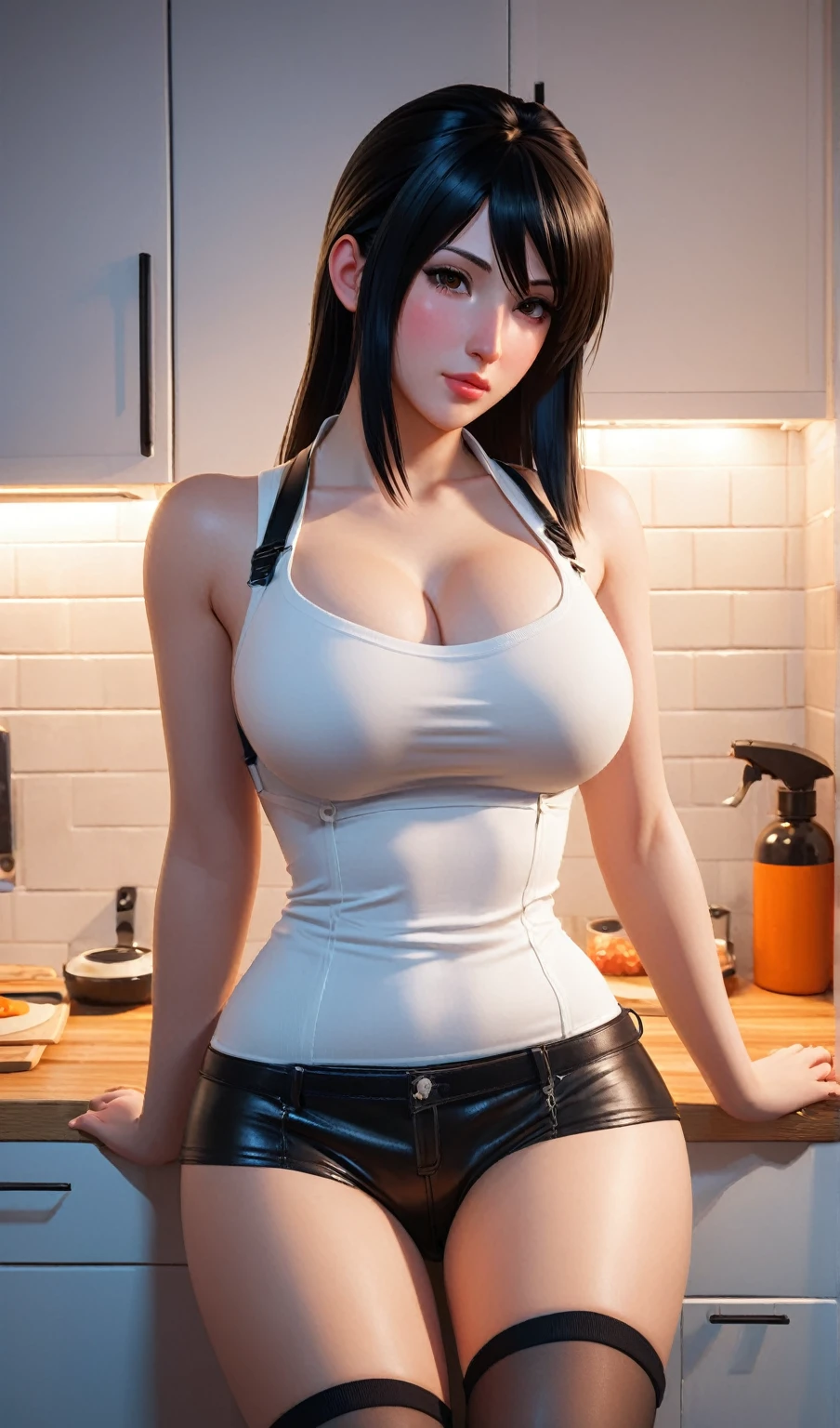 hay una mujer que esta posando en una cocina, seductive animado girl, arte digital ilya kuvshinov, obra de arte al estilo de guweiz, realistic art style, animado. soft lighting, photorealistic art style, retrato seductor de tifa lockhart, Arte detallado de alta calidad 8k, beautiful alluring animado woman, tifa lockheart, tifa lockhart