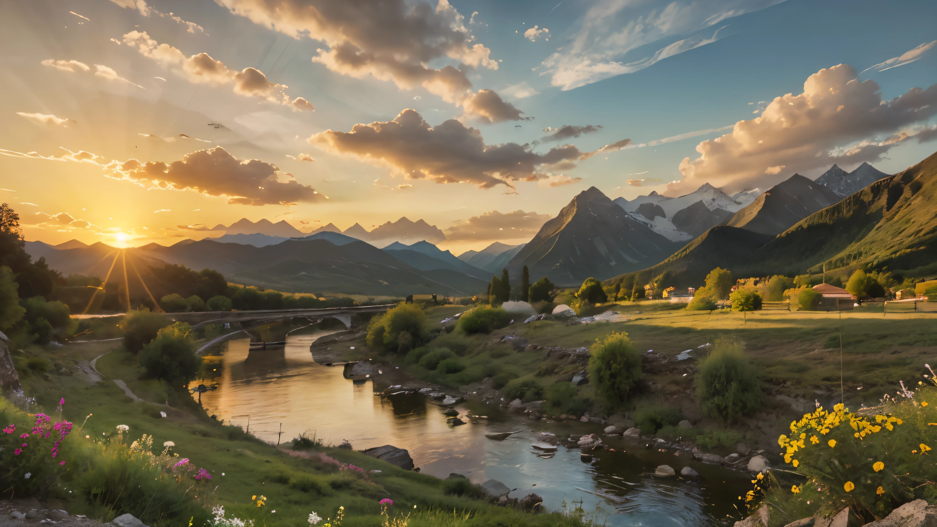 Realistic style photograph of sunrise with the sun rising between two mountains, soft and warm light bathing the valley and river, evoking a sense of hope. The background features stunning nature with vibrant flowers and green vegetation symbolizing life and continuity. The scene is warm, beautiful, peaceful, and tranquil, set in a mysterious early morning environment. 
