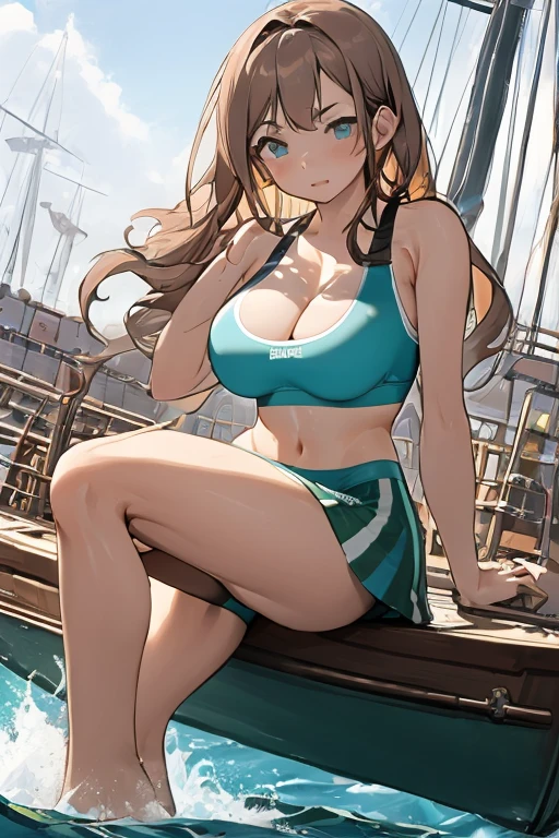 ,(tmasterpiece,Highest quality),Turquoise skirt,Sports bra,De La Bar ship,brunette color hair,Playing in the water,huge tit,cleavage,Lace,lace panty,brassier,is shy,Seductive pose,your legs, your ass,