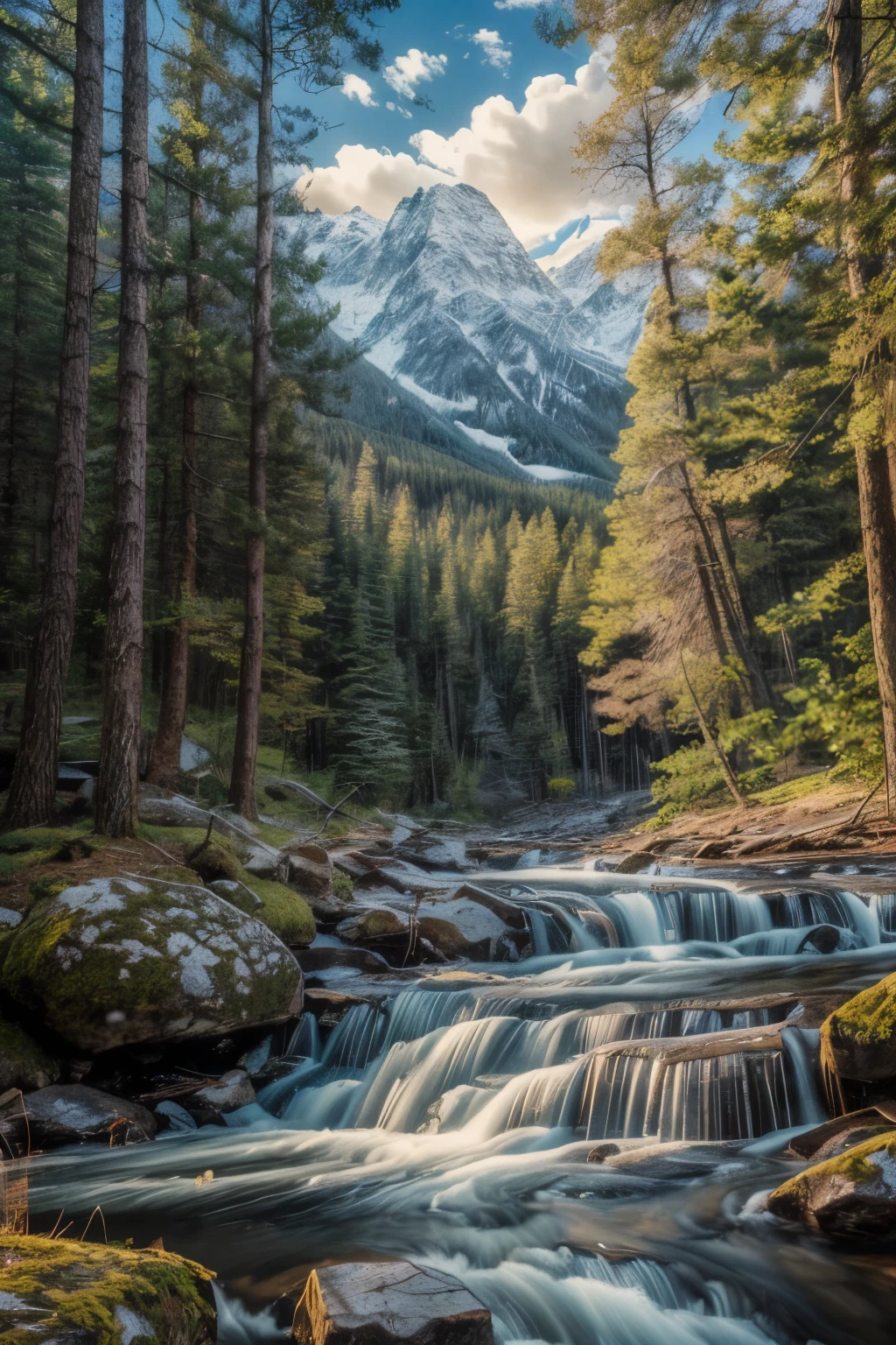 (Masterpiece: 1.2), Ultra-Detailed, (Realistic, Photorealistic, Photo-Realistic: 1.37), A captivating cel-shaded anime painting of a serene forest nestled in the heart of towering mountains, reminiscent of the 1990s vintage style. The cinematic angle and dynamic framing provide a captivating depth, immersing the viewer in the tranquil scene. The resolution is top-notch, offering a crisp and detailed view of the forest's vibrant foliage, the rugged mountain peaks, and the subtle nuances of the cel-shaded painting. This ex