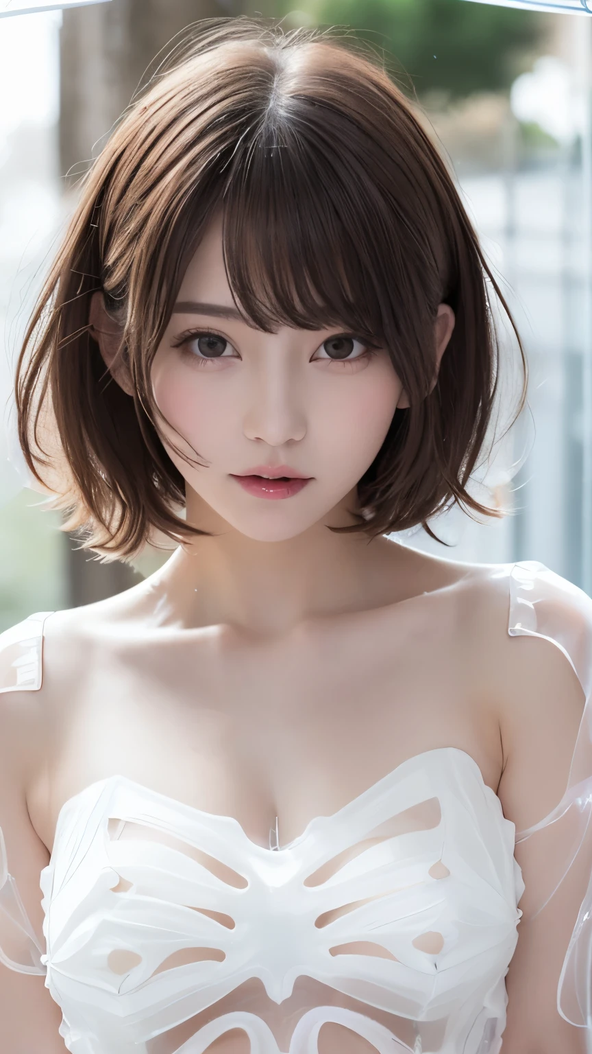 Silver Hair、(masterpiece, Highest品質, Highest, Official Art, beautifully、beautiful, exposed for a long time: 1.2), Smooth movement, Detailed Images、Attractive patterns, 1 girl,((No underwear:1.3))、 (Strapless camisole: 1.3), (((Milky white transparent clothing:1.7))), Upper Body close-up, Expose your shoulders, Korean Idol Girls, blush, Brown bob cut hair, Portraiture, alone, Upper Body, Observing the observer, Detailed Background, Detailed face, (Detailed AI images, soft theme:1.1)、Female college student, Rotating wind, Hair fluttering in the wind, Milky white transparent clothing, Dynamic pose, Suspended particles, Aether Dynamics, whirlwind, vapor, whirlwind in the background, White Tone, whirlwind, Great atmosphere,Brown-haired beauty, Brown Hair, Plump face,Random Pause