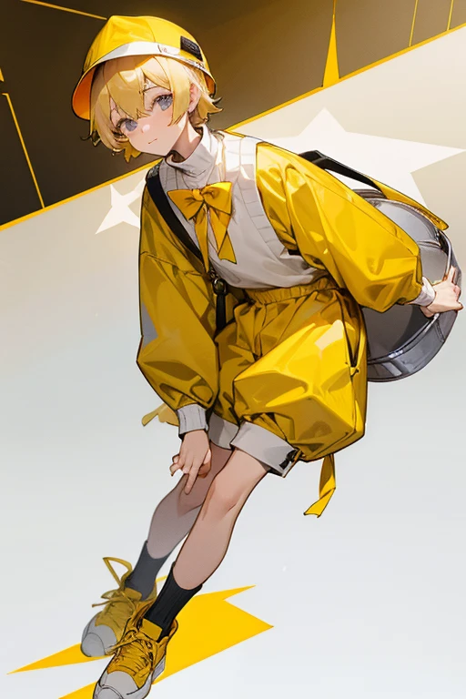 12 year old boy, blond hair, grey eyes, full body, yellow bucket hat, ducky sweater , long sleeves turtleneck, yellow bowtie, White shorts, yellow shoes, hotel,