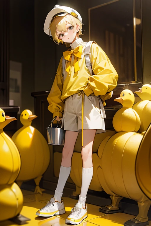 12 year old boy, blond hair, grey eyes, full body, yellow bucket hat, ducky sweater , long sleeves turtleneck, yellow bowtie, White shorts, yellow shoes, hotel,