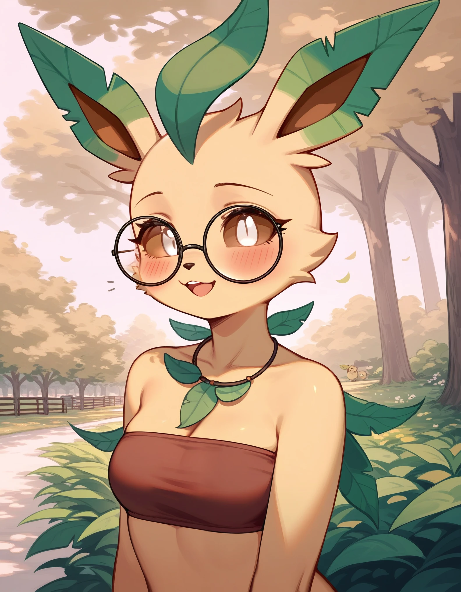 Solo, score_9,score_8_up,score_7_up, anthro furry female leafeon Pokemon, tall, bald, wearing hippie bandeau, big round glasses, brown sclera, white eyes, eyes half opened, bored eyes, smiling softly, mouth open, outdoors, at a park, blushing, portrait