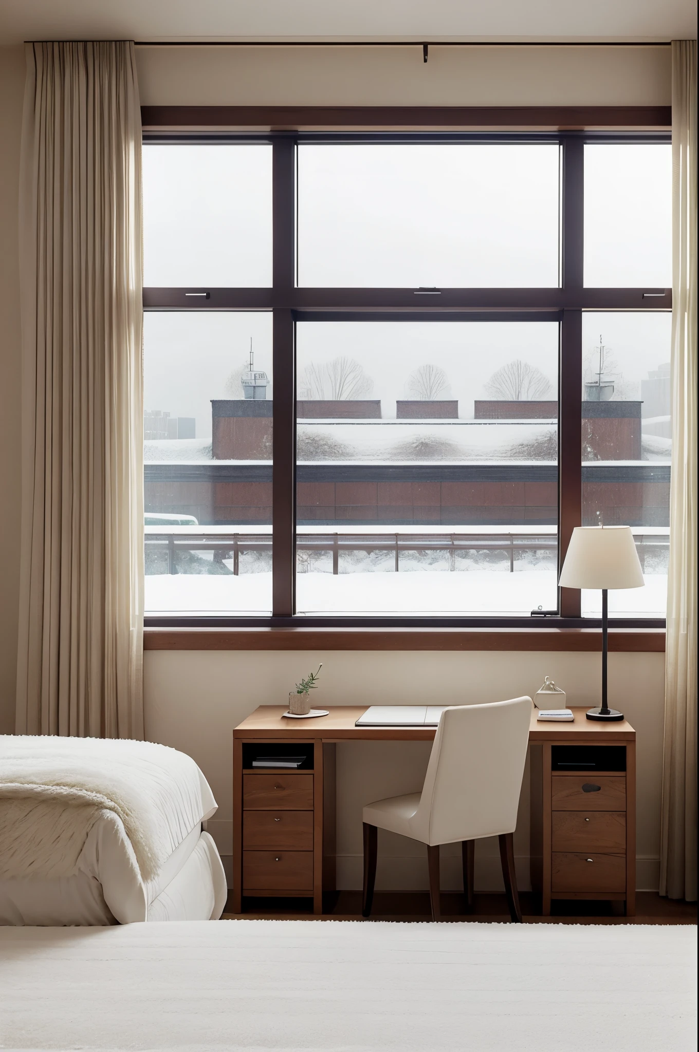 "A cozy modern bedroom with a large floor-to-ceiling window overlooking a snowy urban cityscape. The room has a warm, inviting ambiance with soft lighting from a lamp." Detailed Elements: Bedroom Interior: "A comfortable bed with rumpled bedding in neutral tones." "A wooden desk next to the window with a laptop displaying a cartoon (Tom and Jerry) and some stationery items." "A sleek black chair at the desk." "A warm light bulb on a small nightstand next to the bed." "Curtains partially drawn, allowing a soft, natural light to filter into the room." Exterior View: "A cityscape with tall apartment buildings visible through the window." "Snow falling gently outside, creating a serene and calm atmosphere." "The buildings are slightly blurred due to the falling snow and mist." Lighting and Atmosphere: "Soft, diffused natural light coming through the window, with the glow of a single warm lamp creating a cozy, inviting feel." "The scene should convey a peaceful, quiet ambiance typical of a snowy day." Style and Details: "Realistic, detailed rendering with attention to the textures of the bedding, wooden desk, and snowy cityscape." "Include subtle details like the reflection of the snow in the window glass and a hint of warmth from the indoor lighting contrasting with the cold outdoor scene." Additional Keywords: "cozy," "intimate," "urban retreat," "minimalistic decor," "relaxing," "snowy city view," "comfortable," "peaceful." Prompt Examples for Various Styles: Photorealistic Style: "A cozy modern bedroom with a large window showing a snowy cityscape, photorealistic, ultra-detailed textures, and realistic lighting effects." Cartoon Style: "A cozy bedroom with a large window and a snowy cityscape view, drawn in a cartoon style with exaggerated features and bright, bold colors." Anime Style: "A cozy bedroom with a large window overlooking a snowy cityscape, anime style, with soft, pastel colors and gentle lighting." Example Prompt Comb