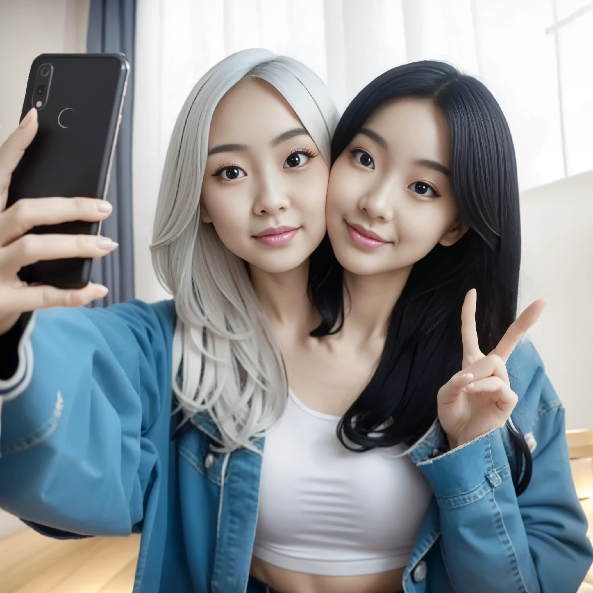 best resolution, 2heads, korean woman with two heads, white hair, black hair, taking selfie, holding phone, lipstick, peace sign, white croptop, blue denim jacket, indoor background