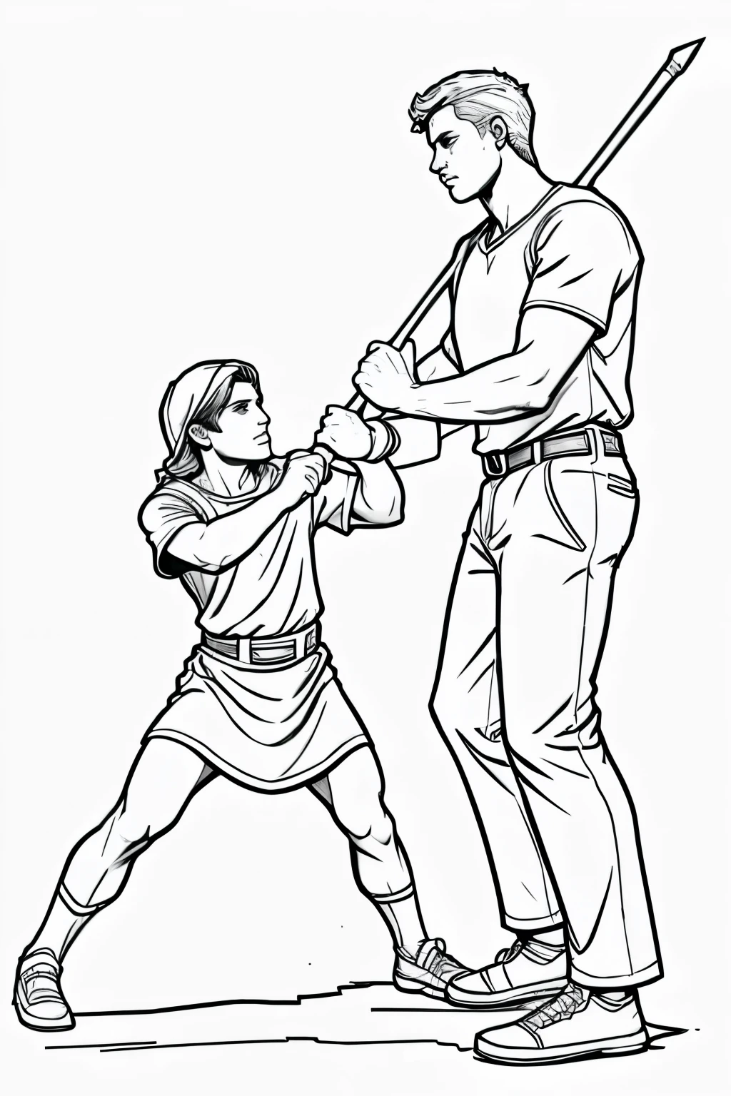 Black and white, sketch style, clean line art , white background Bible themed, Coloring pages, David and Goliath fight 