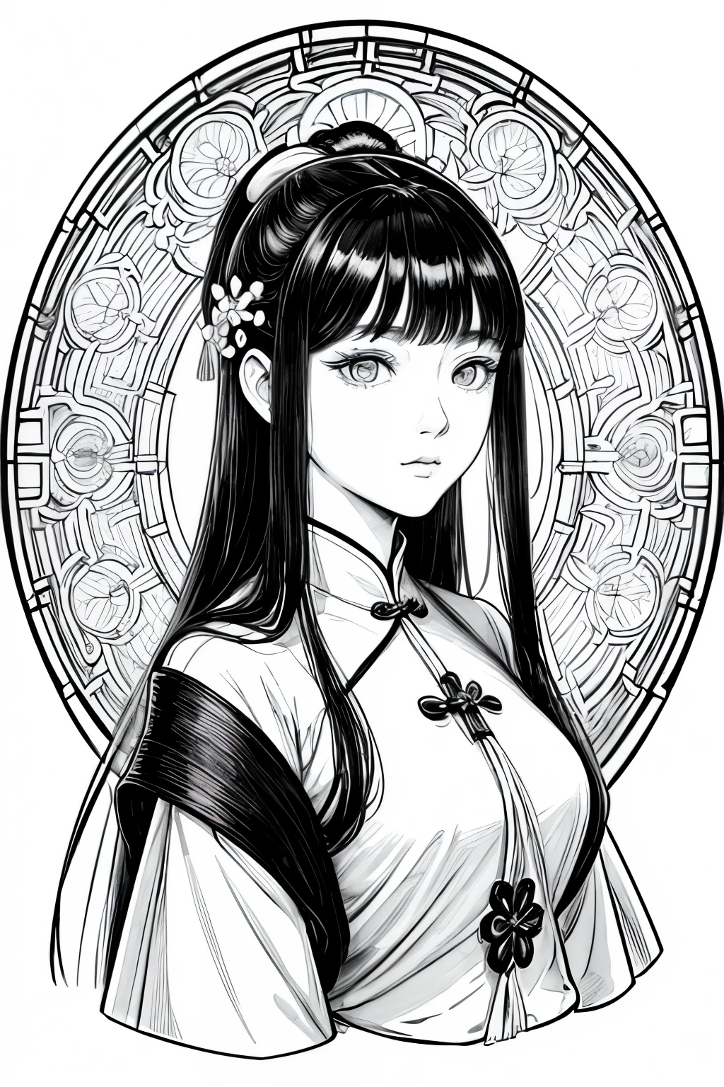 (Cloisonnism:1.2), White background, (post renaissance stained glass aesthetic:1.1), 1 Long haired Chinese girl ponytail head, no bangs, black hair, Ancient Ming Dynasty elements and aesthetics, reasonable design, Clear lines, (lineart, monochrome)