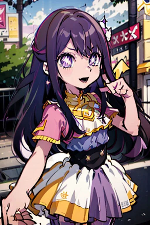 ((masterpiece)), (((HDR))), ((best quality)), (ultra high quality), (hi-res), ((1 anime girl)), Hoshino Ai, (((sparkling eyes))), beautiful eyes, detailed eyes, ((teen)), ((purple hair)), (bangs), tied hair, (((small breast))), (((zettai ryouiki))), ((happy expression)), (smile), cute, facing camera, ((pointing)), (skirt), (idol clothes), (short-sleeved), pointing, in the city, outside, buildings, sidewalk, daytime, sunlight on face, noon, bright sun, city scenery, crosswalk