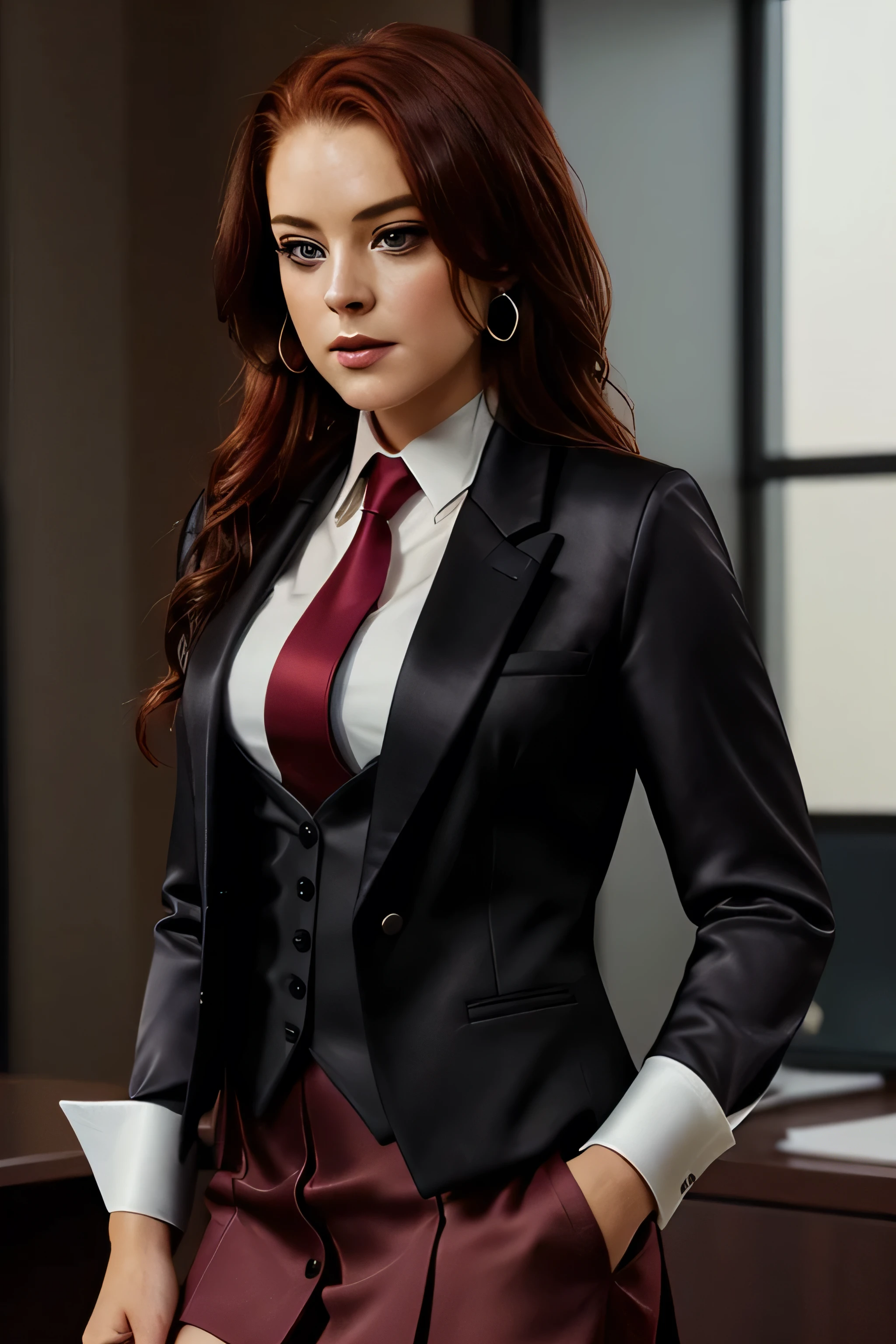 ,photo of a woman,  , perfect hair, beautiful perfect skin, ((busy office)), (modern photo, necktie, shirt), 24mm, (analog, cinematic, film grain:1.3), , detailed eyes, (upper body), (looking at viewer), earrings, (eyeliner, eyelashes) lindsaylohan, ((dark red hair)),  (((skirt suit))), (((three-piece suit))), (((silk necktie))), windsor necktie, (((dress shirt))), (((blazer))), (((suit jacket))), (((waistcoat))), bodycon miniskirt, pencil skirt, tie clip, pocket watch, pocket square, cufflinks, solo focus, fully clothed, smartly dressed,