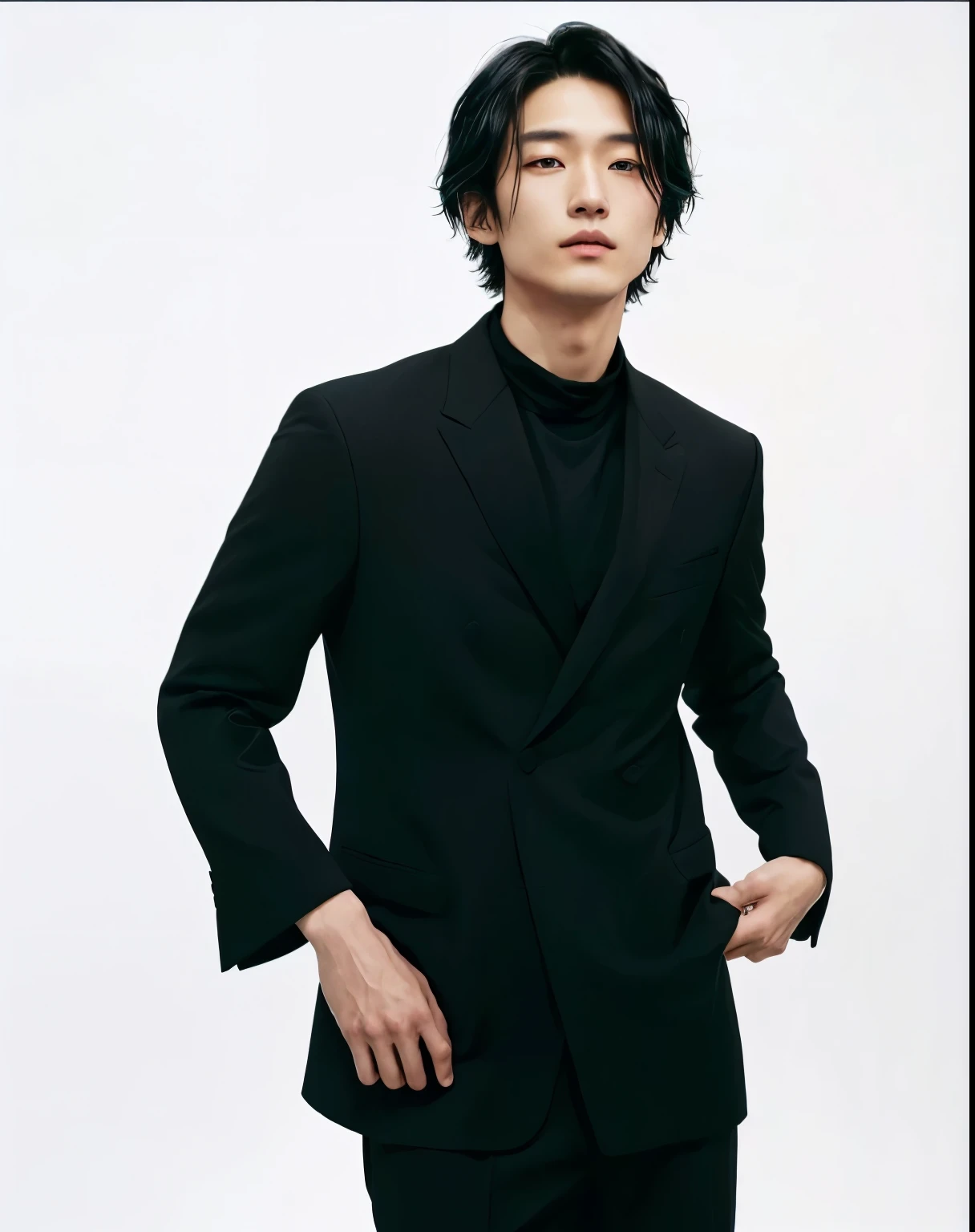 arafed image of a man in a black suit and a black turtle neck, for gq, wearing a black noble suit, kousuke oono, wearing causal black suits, wearing black suit, anton, wearing a fancy black jacket, tomohiro shimoguchi, daisuke tsutsumi, inspired by Tadashi Nakayama