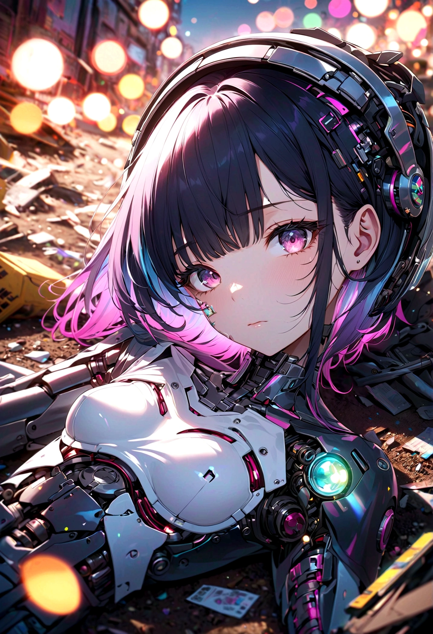 a broken ruined cyborg girl in a landfill, robot, beautiful face, body is broken with scars and holes, laying on the ground, 8K, (dynamic perspective), sharp focus, (depth of field, bokeh:1.3), hyperpunk scene, cinematic lighting, reflective transparent iridescent opaque jacket, long transparent iridescent RGB hair, ((masterpiece, best quality)), niji, from above, upper body, navel, sachin teng