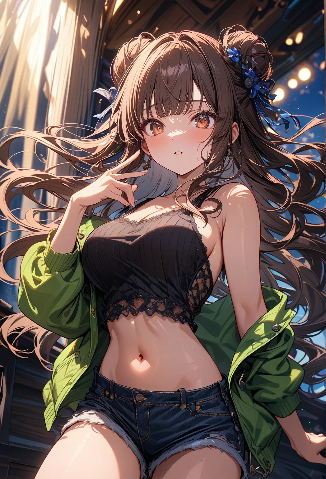 (masterpiece, best quality, very aesthetic, newest, absurdres, detailed, high quality), highest quality, highres, ultra fine painting, digital art, official art, cinematic, 4k, 8k resolution, 8K CG wallpaper, CG, (top quality, details:1.37), detailed background, High Dynamic Range, blurry background, golden hour, blue hour, Starburst effects, crepuscular rays, good ISO, high resolution, wide shot, from far away, epic lighting, RAW photo, POV, sharp focus, lens flare, light reflection, reflections, light source, intricate details, hard light, particle noise, professional photography, bokeh, depth of field, good lighting, hard colors, looking away, detailed lights and shadows, stylish, ultra-detailed, Pixiv, trending art, niji style, modern-days, master crafted, pose, solo, 1girl, a girl, correct fingers, detailed eyes, (medium big breasts:1.2), big thighs, short torso, flushtered, casual, (cute, slim), childish face, nice hips, nice body, brown hair, (long flowing hair:1.2), twin buns hairstyle, long bangs, long hair, middle hair bangs, brown eyes, dynamic pose, full body, close portrait, cute position:1.4, ((black string tanktop:1.2, tummy skin:1.1), off shoulder open green hoodie, shorts, outfit ornaments)