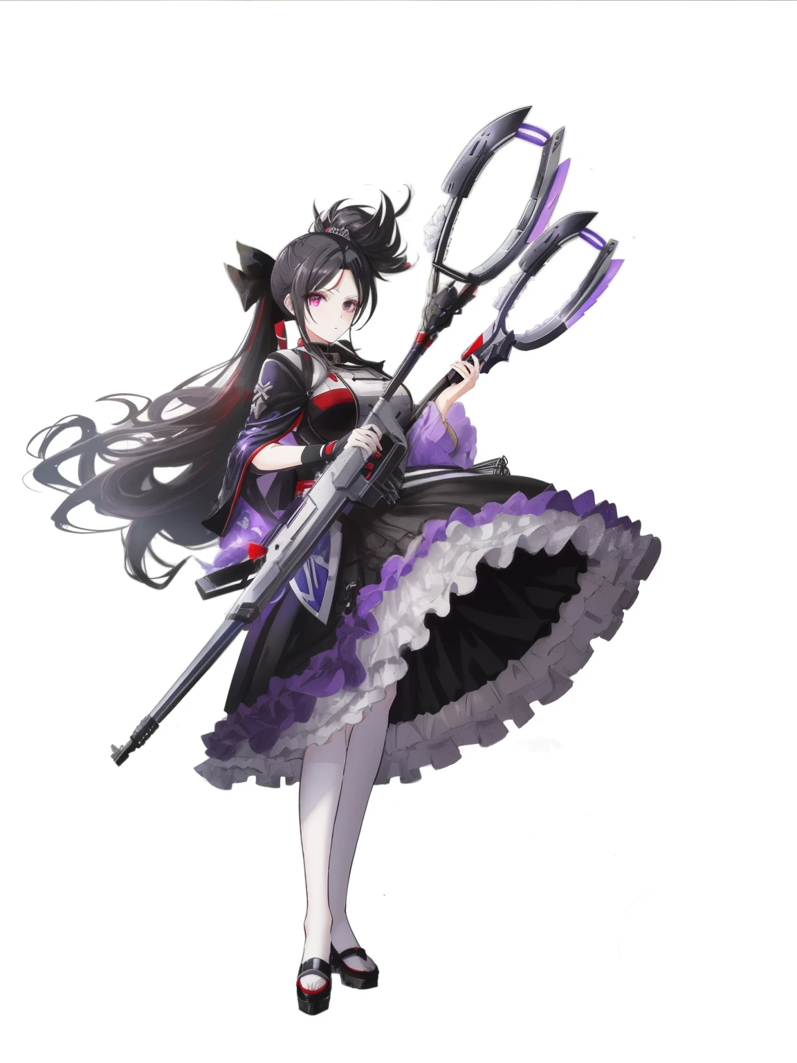 (ponytail forehead hair pulled back:1.3), (black hair:1.3), anime character dressed in black and purple holding a pair of scissors, shalltear bloodfallen, cushart krenz key art feminine, detailed key anime art, shalltear from overlord, from the azur lane videogame, fine details. girls frontline, from girls frontline, characters from azur lane, official character art, azur lane style, key anime art