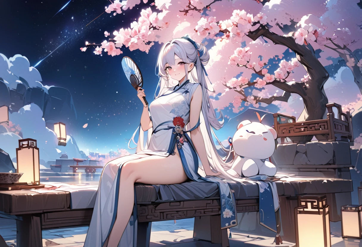 ((masterpiece, best quality)),illustration,Ultra detailed 8k,Reality,Clear focus,Very detailed,Professional lighting,Colorful Detailed,Cute and beautiful girl,Light pink long hair,Peach blossoms in full bloom,dream,Sit at a stone table,A smile,The Starry Sky,Holding an embroidered round fan,Ancient Chinese clothing