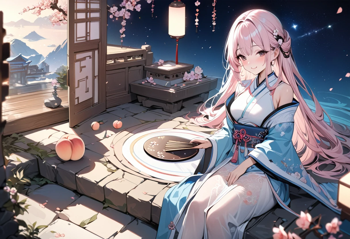 ((masterpiece, best quality)),illustration,Ultra detailed 8k,Reality,Clear focus,Very detailed,Professional lighting,Colorful Detailed,Cute and beautiful girl，Light pink long hair，Peach blossoms in full bloom，dream，Sit at a stone table，A smile，The Starry Sky，Holding an embroidered round fan，Ancient Chinese clothing