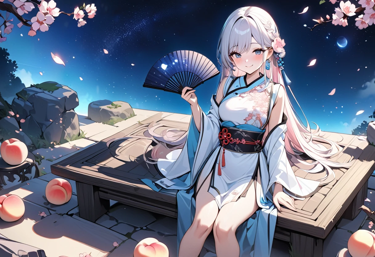 ((masterpiece, best quality)),illustration,Ultra detailed 8k,Reality,Clear focus,Very detailed,Professional lighting,Colorful Detailed,Cute and beautiful girl,Light pink long hair,Peach blossoms in full bloom,dream,Sit at a stone table,A smile,The Starry Sky,Holding an embroidered round fan,Ancient Chinese clothing