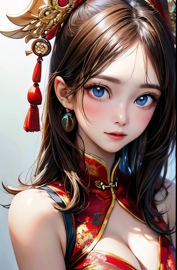 ((highest quality)), ((Highest Resolution)), ((masterpiece)), (detailed), (photograph), Anatomically correct, One Woman, looking at the camera, 25 talents, Beautiful Hair, Medium Hair, Beautiful Face, Symmetrical face, Big eyes, Slit eyes, Beautiful clavicle, Beautiful Skin, Medium chest, Cleavage, (Shiny Chinese Dress),