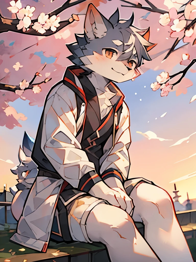 Exquisite lines,best quality。male,Gray Dog Orc,whiteshortcoat,White shorts,Brown pupils,Background sunset city,Side night,sit on the sakura tree branches