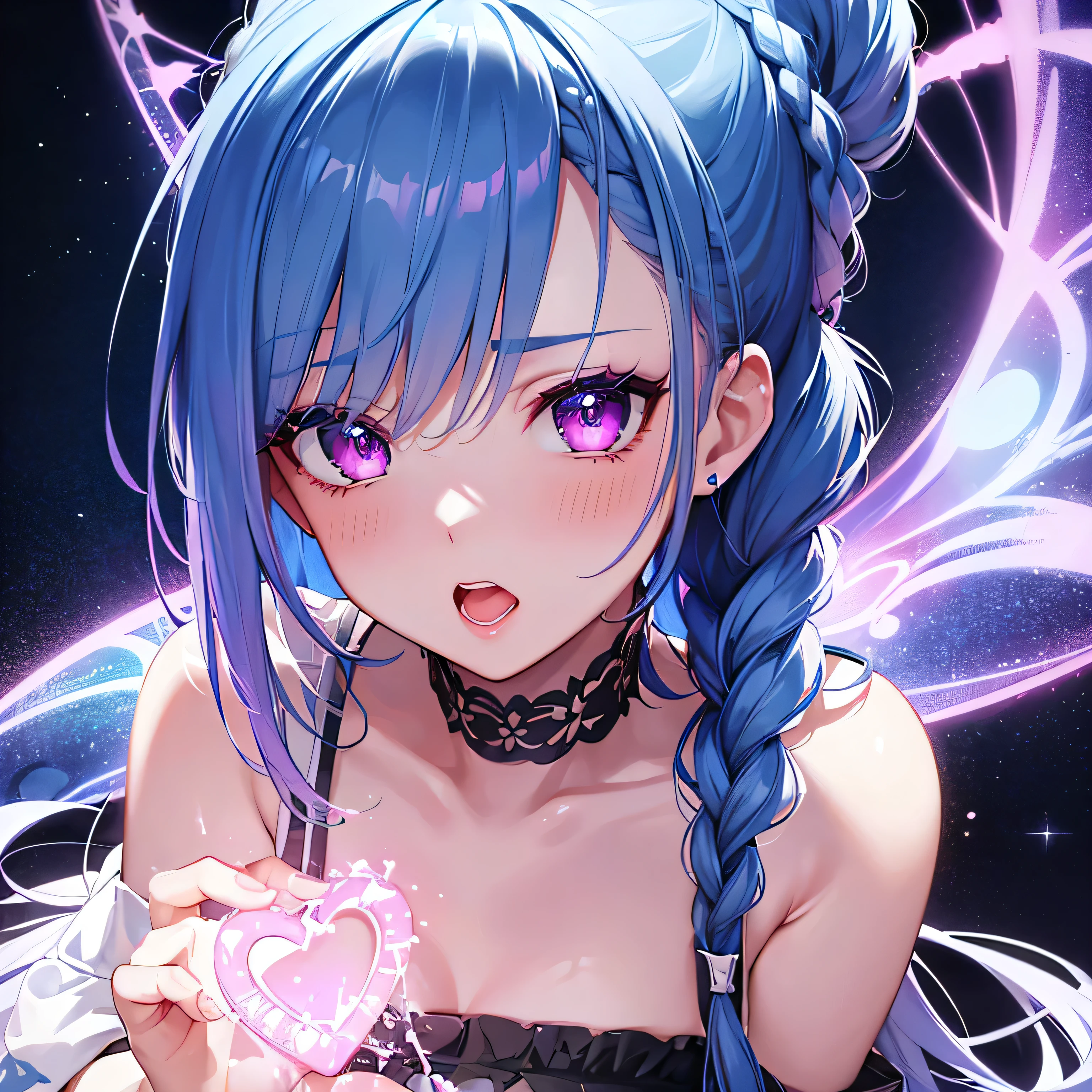 Blue hair, braided ponytail, magenta eyes, fair skin,Front shot,1 girl,very detailed beautiful face and eyes,Ahegao,cute eyes,white dress,piece sign,surprised,looking up,