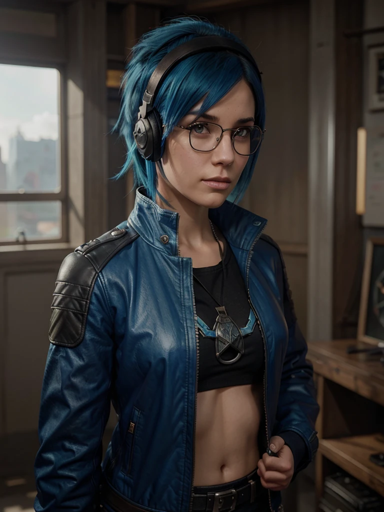 cute punk woman, fireemblem, headphones, shortbluehair, glasses, leatherjacket, art by artgerm and greg rutkowski and magali villeneuve, portrait, d & d, fantasy, highly detailed, digital painting, trending on artstation, concept art, sharp focus, illustration