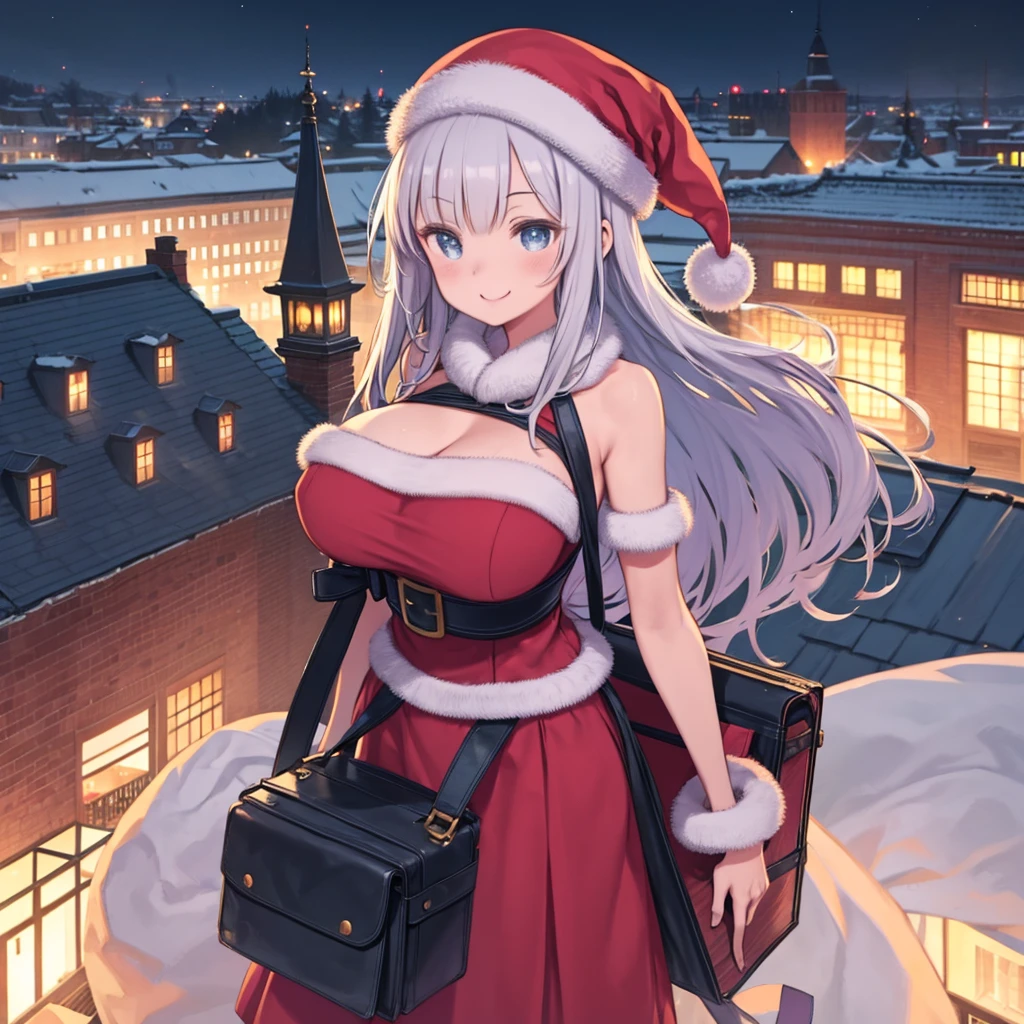 One girl、Big Breasts、smile、Santa Claus Costume、night、On the roof、Standing in front of a large brick chimney、carrying a big white bag、night景、Christmas、