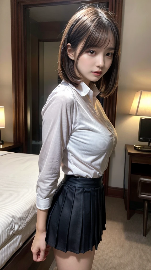 masterpiece, best quality, illustration, Super detailed, fine details, High resolution, 8K,wall paper, perfect dynamic composition,(Details High quality, realistic depiction of eyes:1.3), from side, standing, (collared shirt:1.1), pleated skirt, short bob hair、black hair color, Big Natural Color Lip, bold sexy pose, crying a little、cold gaze, Harajuku style、acrobatic pose, 20 year old girl、cute type、lolita、beautiful legs, hotel room, gravure idol, Voluptuous thighs, large breasts