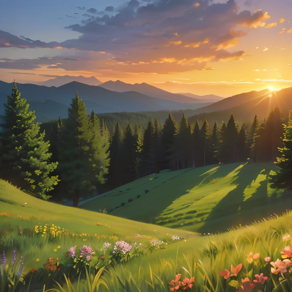 morning sunrise pouring , far mountain green grass, trees and flowers  ((acrylic painting effect)), 