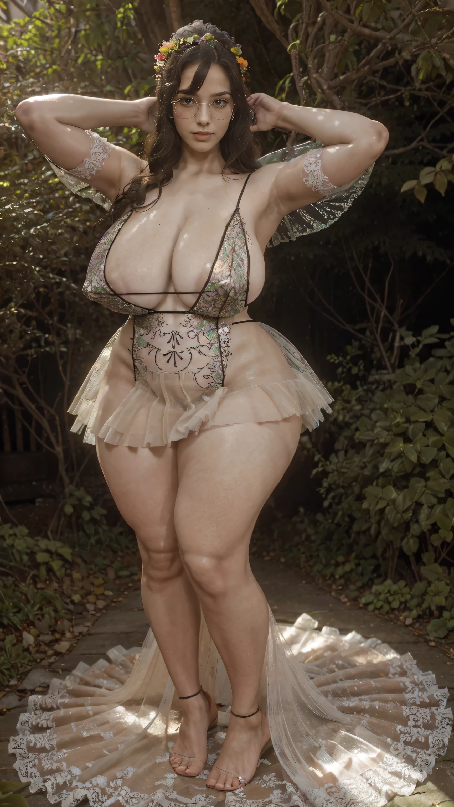high quality,8K,high resolution,wife her face is visible, very close-up portrait, her body is closed to the camera,1 personality,tall,realistic texture,Much Muchi,cute smile,one hand on back hip,(Plump body 8),(wearing beautiful fairy dress, fairy dress net design on endings), original fairy dress frock,(Muchimuchi body 8),(newyork horror house or halloween garden scenery),colorful, round sunglasses,