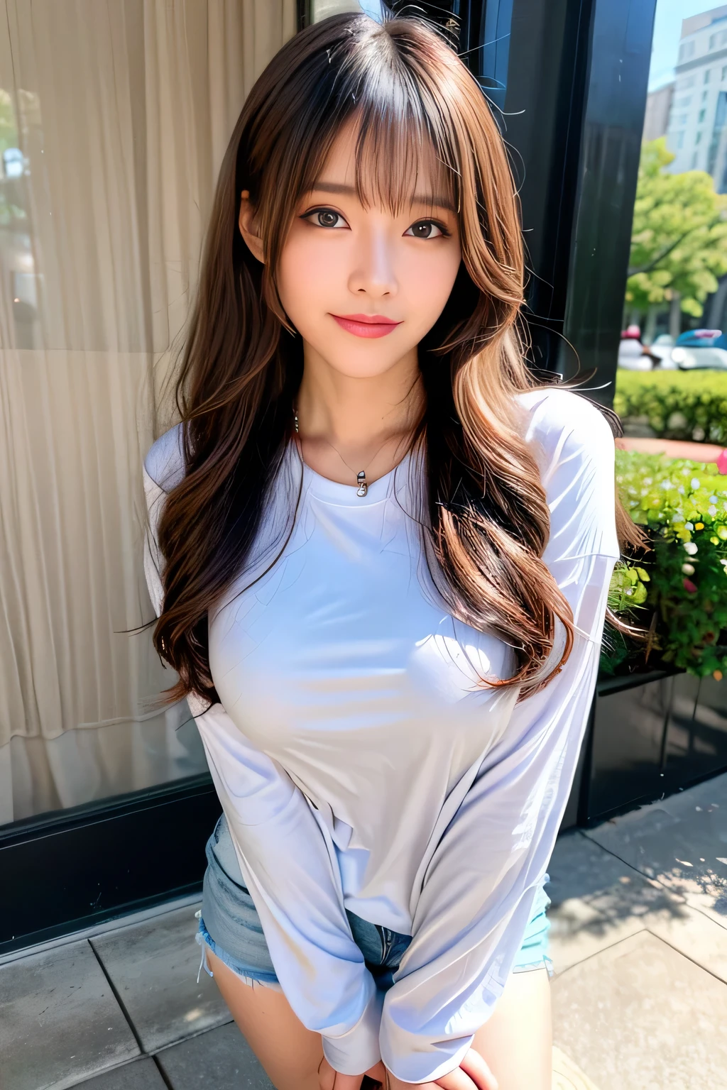 ((Full Body Angle))、overhead shot,((highest quality, 8K, masterpiece: 1.3)), concentrated: 1.2, Cute girl 1,Nipples erect、 Perfect beauty: 1.4,Cut and sewn T-shirt Raglan sleeve summer short sleeve T-shirt.Shorts: 1.2,Long sleeve、Randall Color、comics＆Text Graphics、Black ruffle-trimmed drawstring zip blouse,1.1, Highly detailed face and skin textures, Fine grain, double eyelid, whitening skin, ,highest quality,Ultra-high resolution,you,1 girl,alone,_Shiny_skin,Iris,necklace,((Brown_length_Wavy_hair)),(lips)),eyelash,Front hair,deal with,compensate,Shiny,pore,skin texture,Large Breasts、smiling face、Front hair、