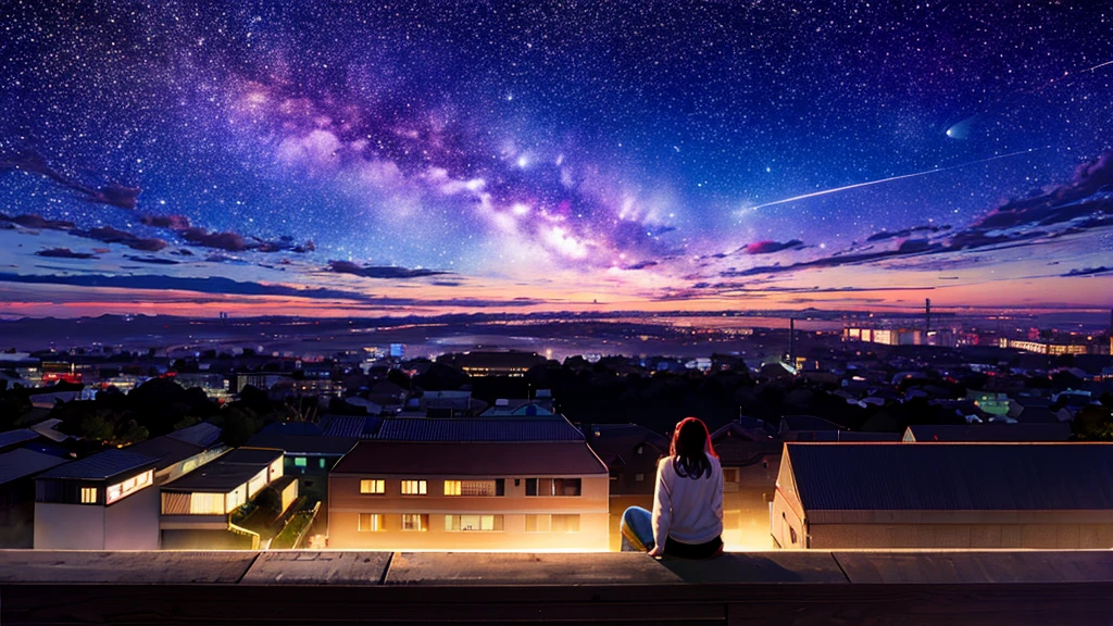 Back view、beauty、alone, Outdoor, building, cloud, milky way, Sitting, wood, Long Hair, city, silhouette, cityscape