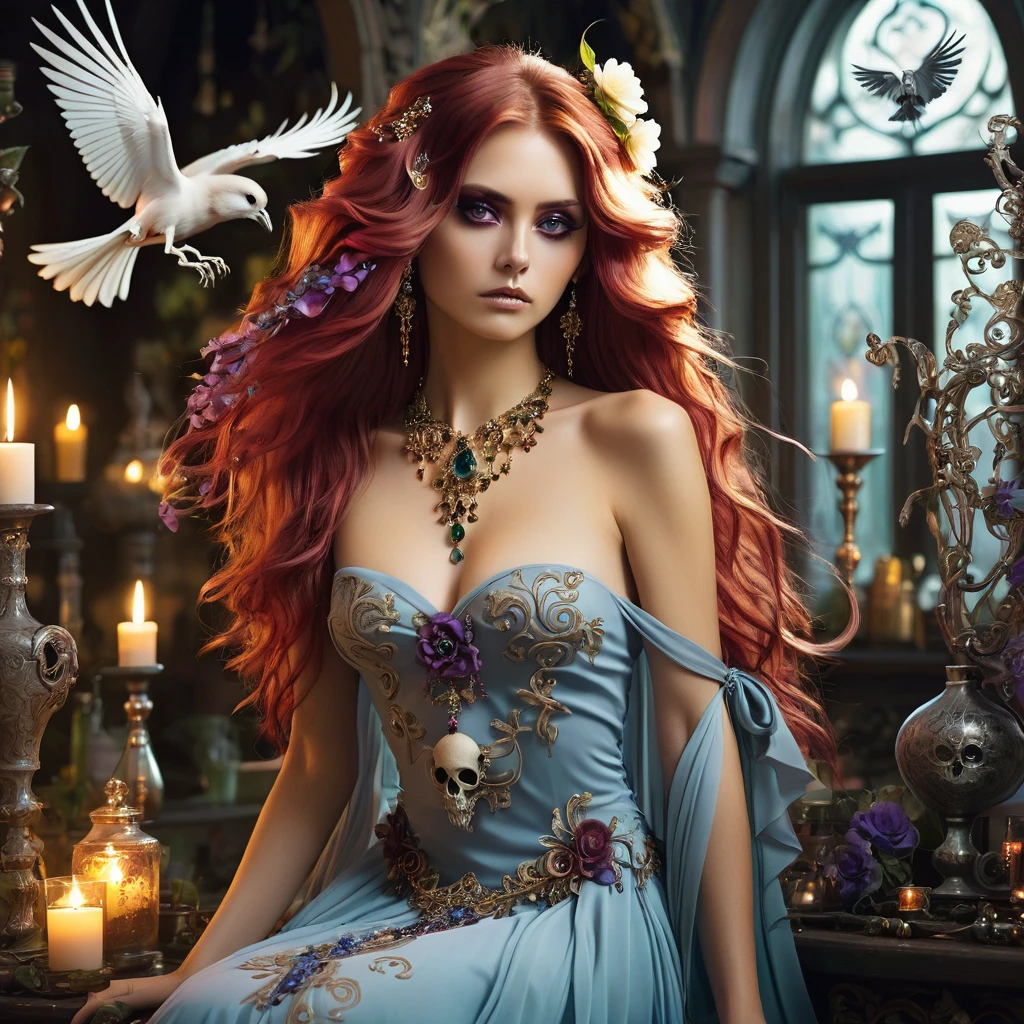 topless girl, long bloody hair, seductive eyes, mysterious expression, mature appearance, charming dress, flowing short dress, elegant jewelry, intricate decoration, magic symbols, glowing accessories, potions, scrolls, cute accents, bows, ribbons, flowers, birds, skeleton