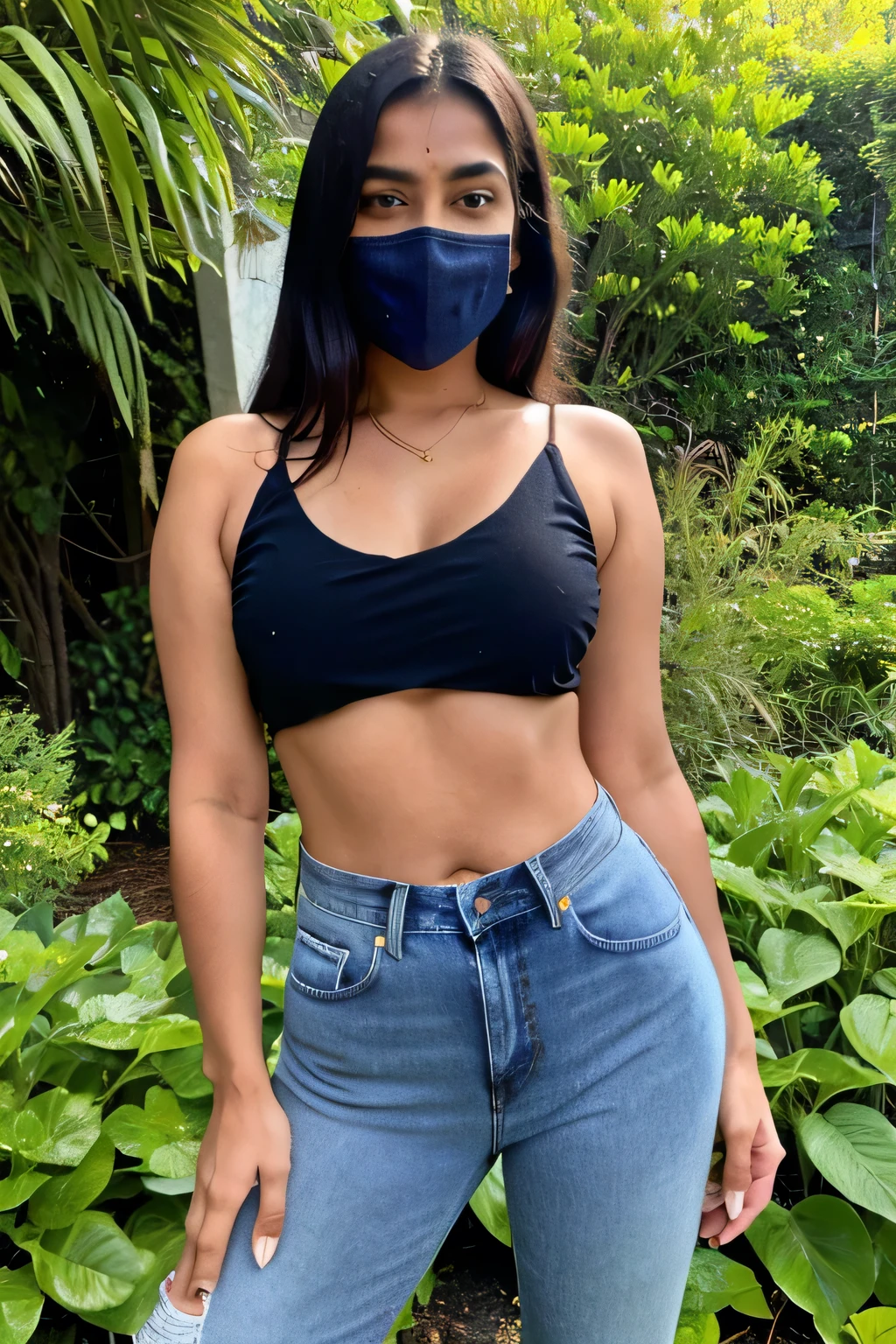  Beautiful indian girl, selfie, wearing black low cut top,blue jeans, face mask,  full body pose, low cut top natural pic in a garden