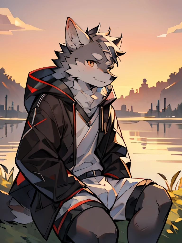 Exquisite lines，best quality。male，Gray Dog Orc，Black coat，whiteshortcoat，White shorts，Brown pupils，Background sunset city，Side night，(Sitting on a willow branch)