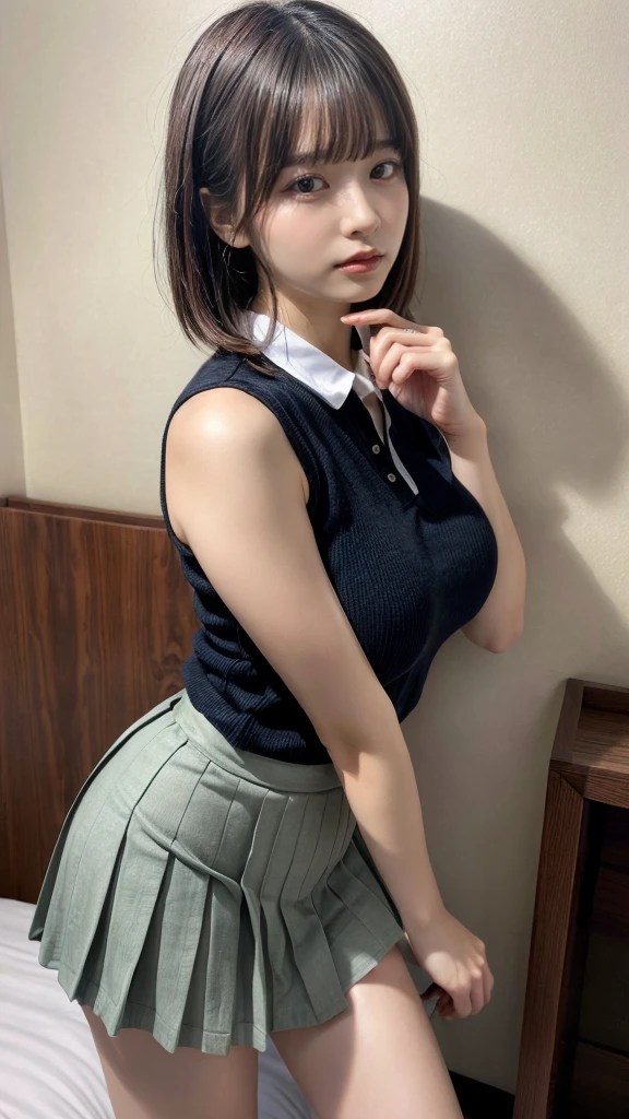 masterpiece, best quality, illustration, Super detailed, fine details, High resolution, 8K,wall paper, perfect dynamic composition,(Details High quality, realistic depiction of eyes:1.3), from side, standing, (collared shirt:1.1), pleated skirt, short bob hair、black hair color, Big Natural Color Lip, bold sexy pose, crying a little、cold gaze, Harajuku style、acrobatic pose, 20 year old girl、cute type、ta、beautiful legs, hotel room, gravure idol, Voluptuous thighs, large breasts