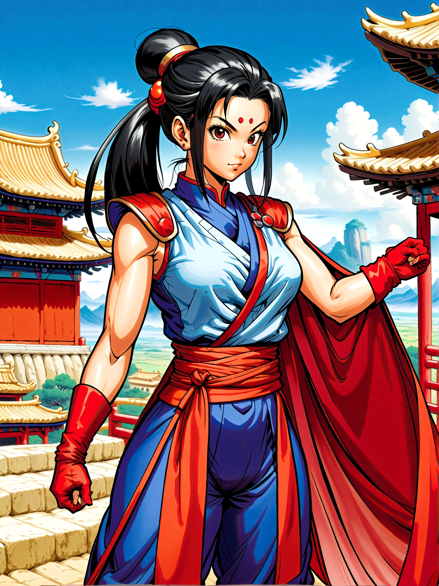 Dragon Ball, chi chi, black eyes, black hair, long hair, hime cut, blunt bangs, sidelocks, armor, bikini armor, cape, collarbone, gloves, helmet, navel, pauldrons, shoulder armor, cleavage, bare arms, blue dress, china dress, chinese clothes, dress, high collar, obi, pants, ponytail, red pants, red sash, red wristband, sash, side slit, sleeveless, sleeveless dress, wristband，Looking at the audience，Dynamic poses，fighting，Explosion，Explosion Background，Martial arts tournament background