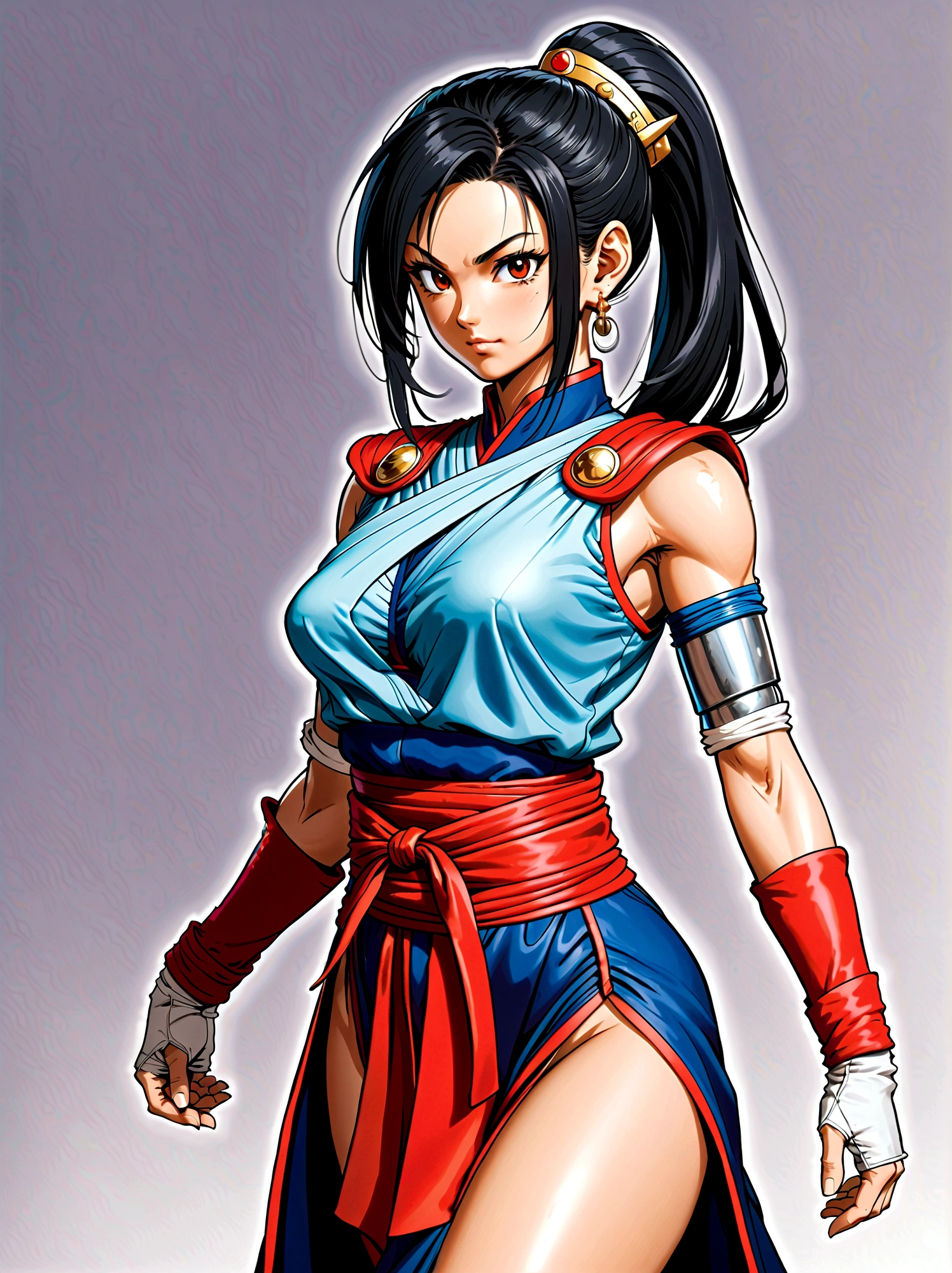 Dragon Ball, chi chi, black eyes, black hair, long hair, hime cut, blunt bangs, sidelocks, armor, bikini armor, cape, collarbone, gloves, helmet, navel, pauldrons, shoulder armor, cleavage, bare arms, blue dress, china dress, chinese clothes, dress, high collar, obi, pants, ponytail, red pants, red sash, red wristband, sash, side slit, sleeveless, sleeveless dress, wristband，Looking at the audience，Dynamic poses，fighting，Explosion，Explosion Background，Martial arts tournament background