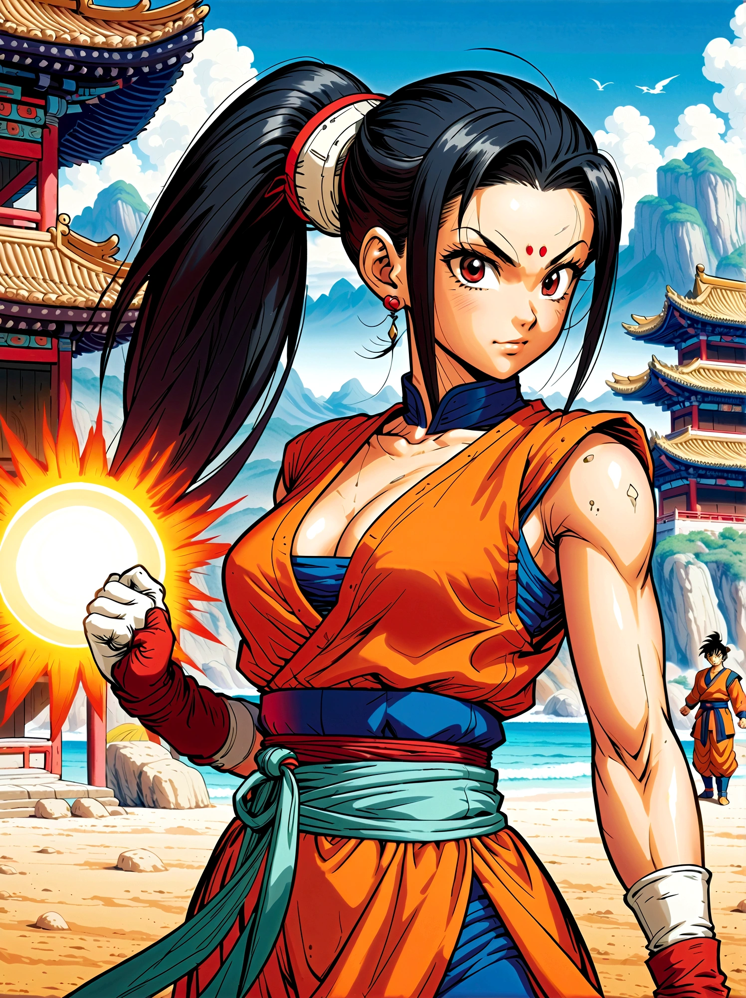 Dragon Ball, chi chi, black eyes, black hair, long hair, hime cut, blunt bangs, sidelocks, armor, bikini armor, cape, collarbone, gloves, helmet, navel, pauldrons, shoulder armor, cleavage, bare arms, blue dress, china dress, chinese clothes, dress, high collar, obi, pants, ponytail, red pants, red sash, red wristband, sash, side slit, sleeveless, sleeveless dress, wristband，Looking at the audience，Dynamic poses，fighting，Explosion，Explosion Background，Martial arts tournament background