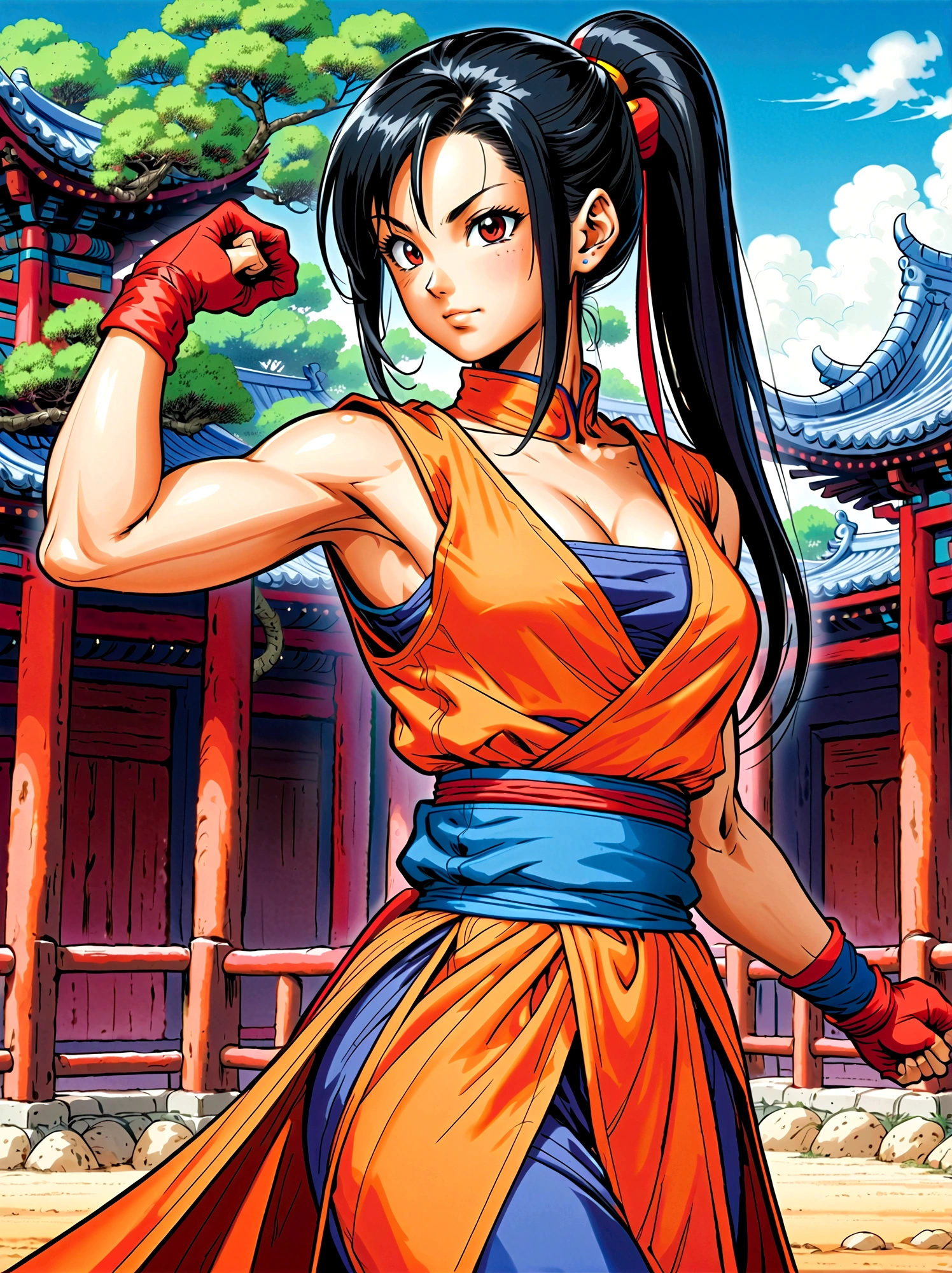 Dragon Ball, chi chi, black eyes, black hair, long hair, hime cut, blunt bangs, sidelocks, armor, bikini armor, cape, collarbone, gloves, helmet, navel, pauldrons, shoulder armor, cleavage, bare arms, blue dress, china dress, chinese clothes, dress, high collar, obi, pants, ponytail, red pants, red sash, red wristband, sash, side slit, sleeveless, sleeveless dress, wristband，Looking at the audience，Dynamic poses，fighting，Explosion，Explosion Background，Martial arts tournament background