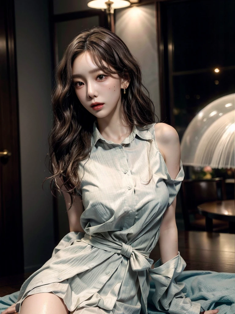 absurdres, RAW photo, extremely delicate and beautiful, masterpiece, Best Quality, ultra high resolution, 32k, hyperrealistic, ultra-detailed, perfect anatomy, perfect figure, Perfect skin, super Detailed skin, muted coral blush, Closed mouth, 20 years old, very Slim body, narrow waist, very small head, very small face, delicate facial features, tearful mole, earring, thin legs, bare legs, (((very huge round breasts))), short medium hair, brown braid hair, ((wavy hair)), wet white shirt, pleated skirt, ((collared dress shirt)), hotel at night,(1girl:1.5), (Anatomically correct),